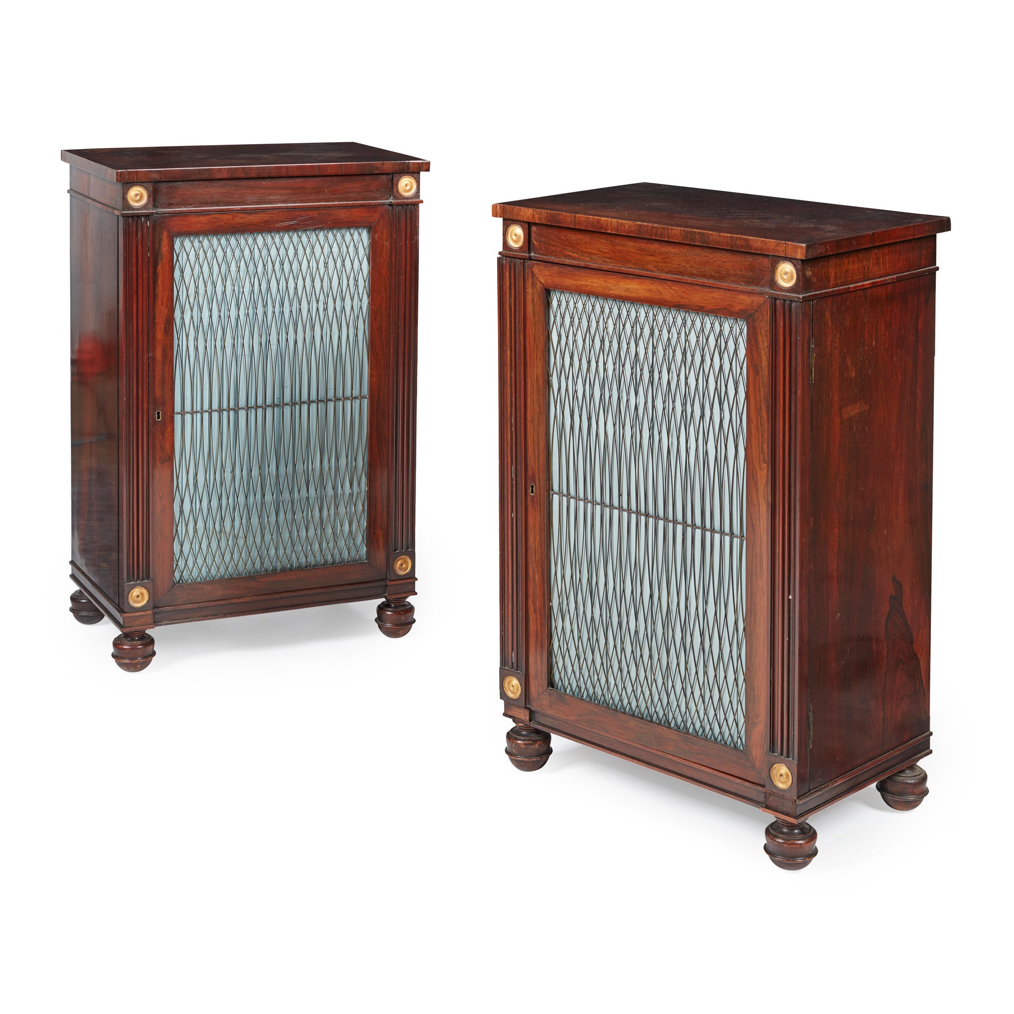 PAIR OF REGENCY ROSEWOOD, PARCEL-GILT AND BRASS SIDE CABINETS
