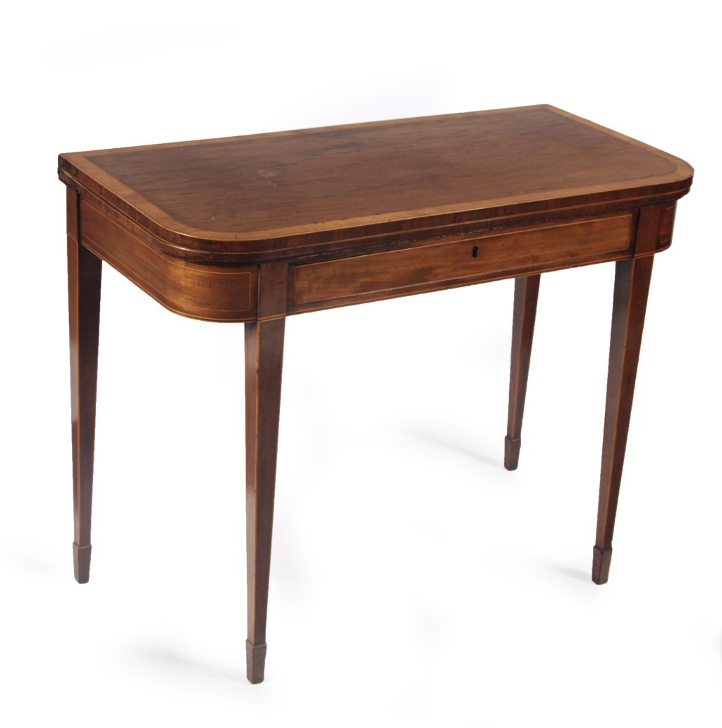 GEORGE III MAHOGANY AND SATINWOOD CROSS BANDED FOLDOVER TEA TABLE
