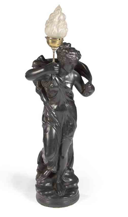 An early 19th century black painted plaster figural lamp depicting 'Autumn' in the manner of Humphrey Hopper