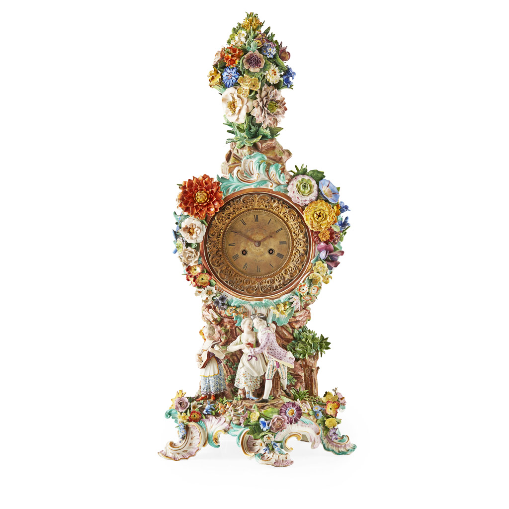 LARGE MEISSEN FLOWER ENCRUSTED PORCELAIN MANTEL CLOCK