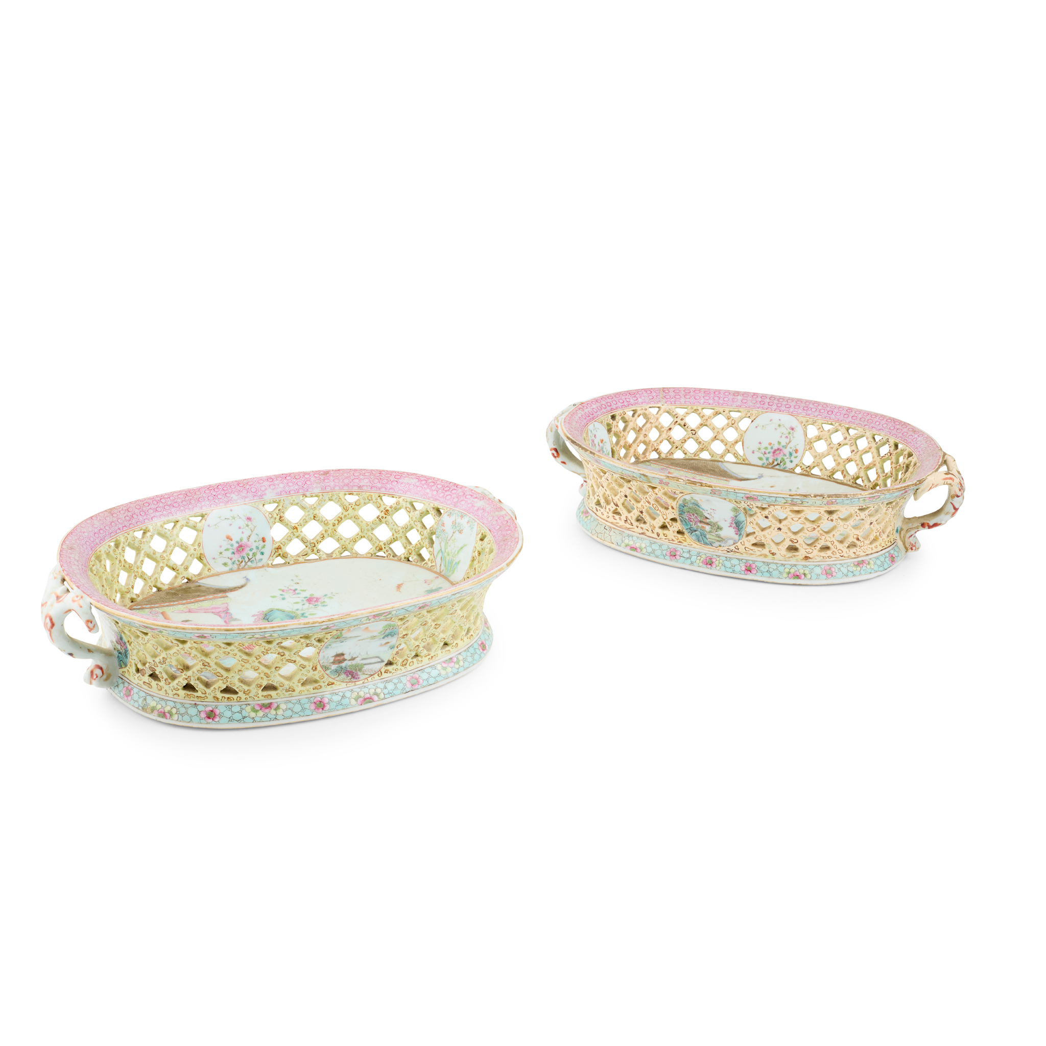 PAIR OF CHINESE FAMILLE ROSE RETICULATED BASKETS