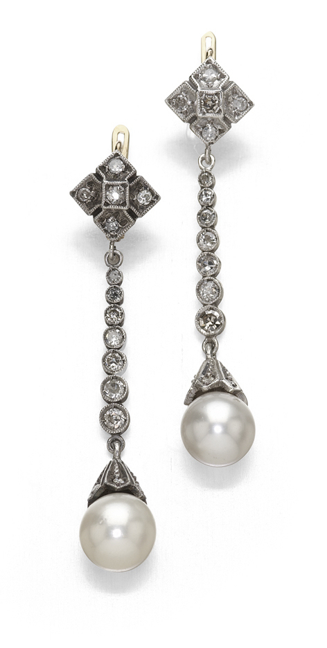 A pair of cultured pearl and diamond pendant earrings,