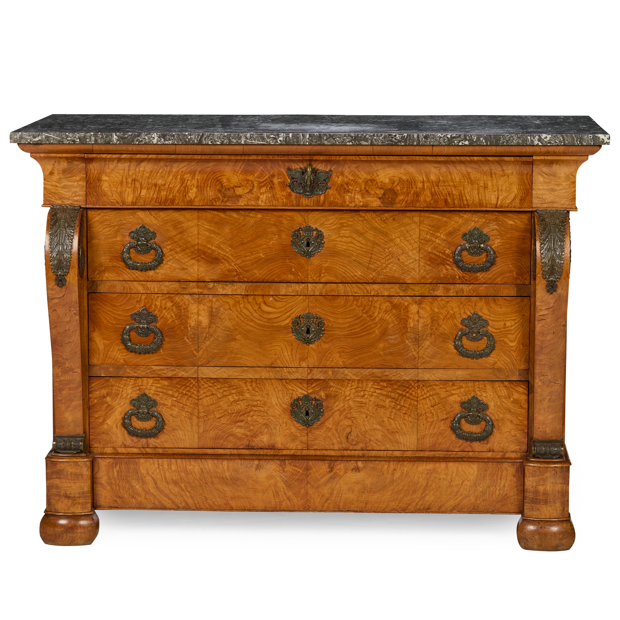 FRENCH CHARLES X BURR ASH MARBLE TOPPED COMMODE