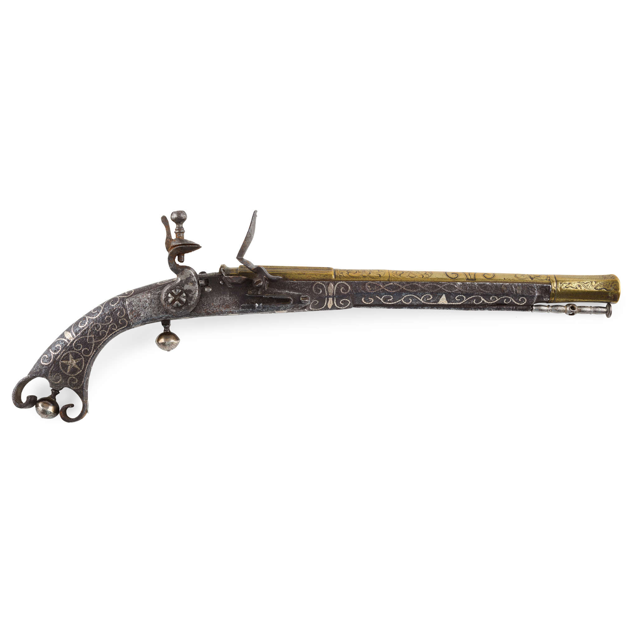 A RARE EARLY 18TH CENTURY SCOTTISH FLINTLOCK ALL METAL SCROLL BUTT BELT PISTOL