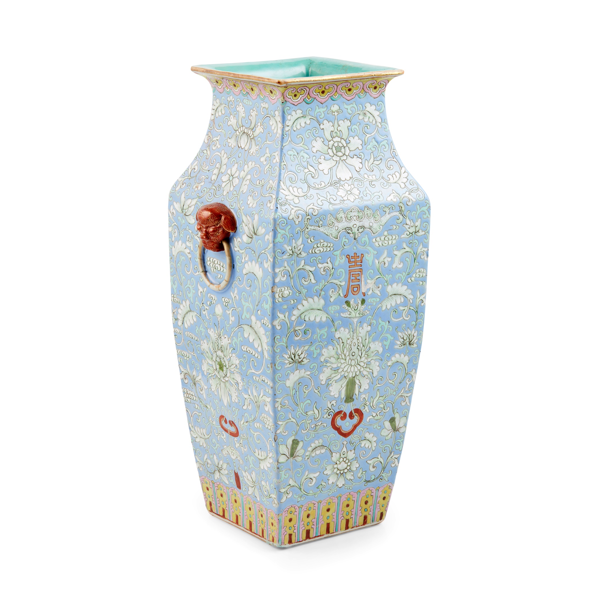 PALE BLUE GROUND FAMILLE ROSE 'FU SHOU' VASE