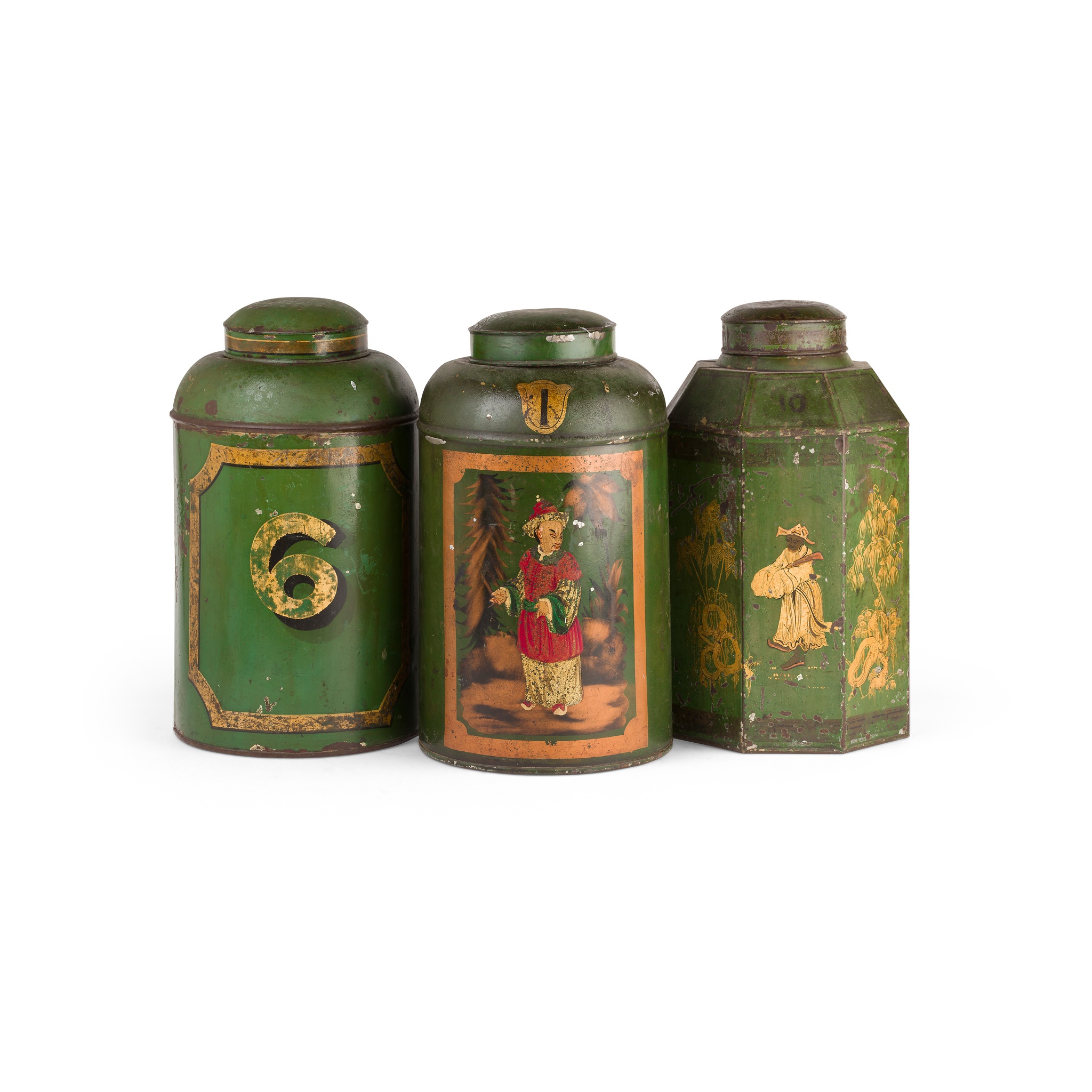 THREE TOLE PAINTED TEA CANISTERS