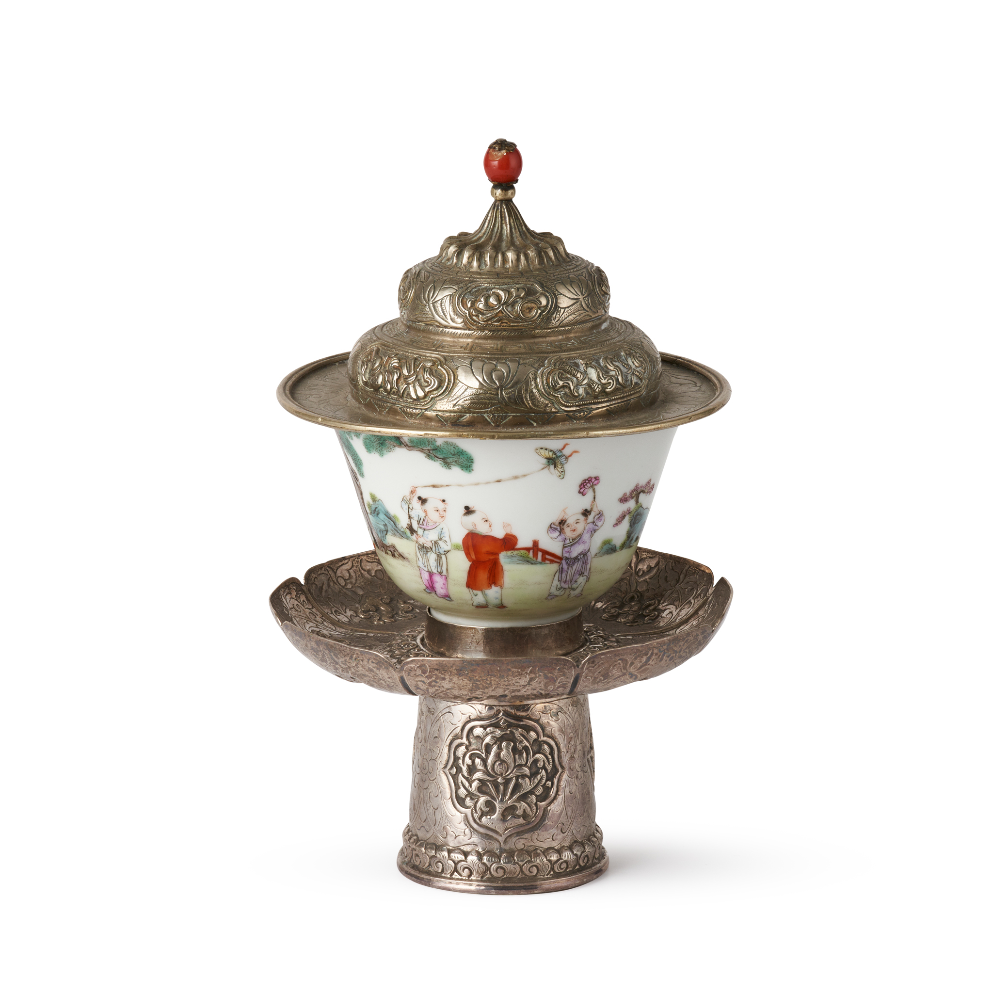 FAMILLE ROSE 'BOYS AT PLAY' CUP WITH TIBETAN WHITE METAL STAND AND COVER