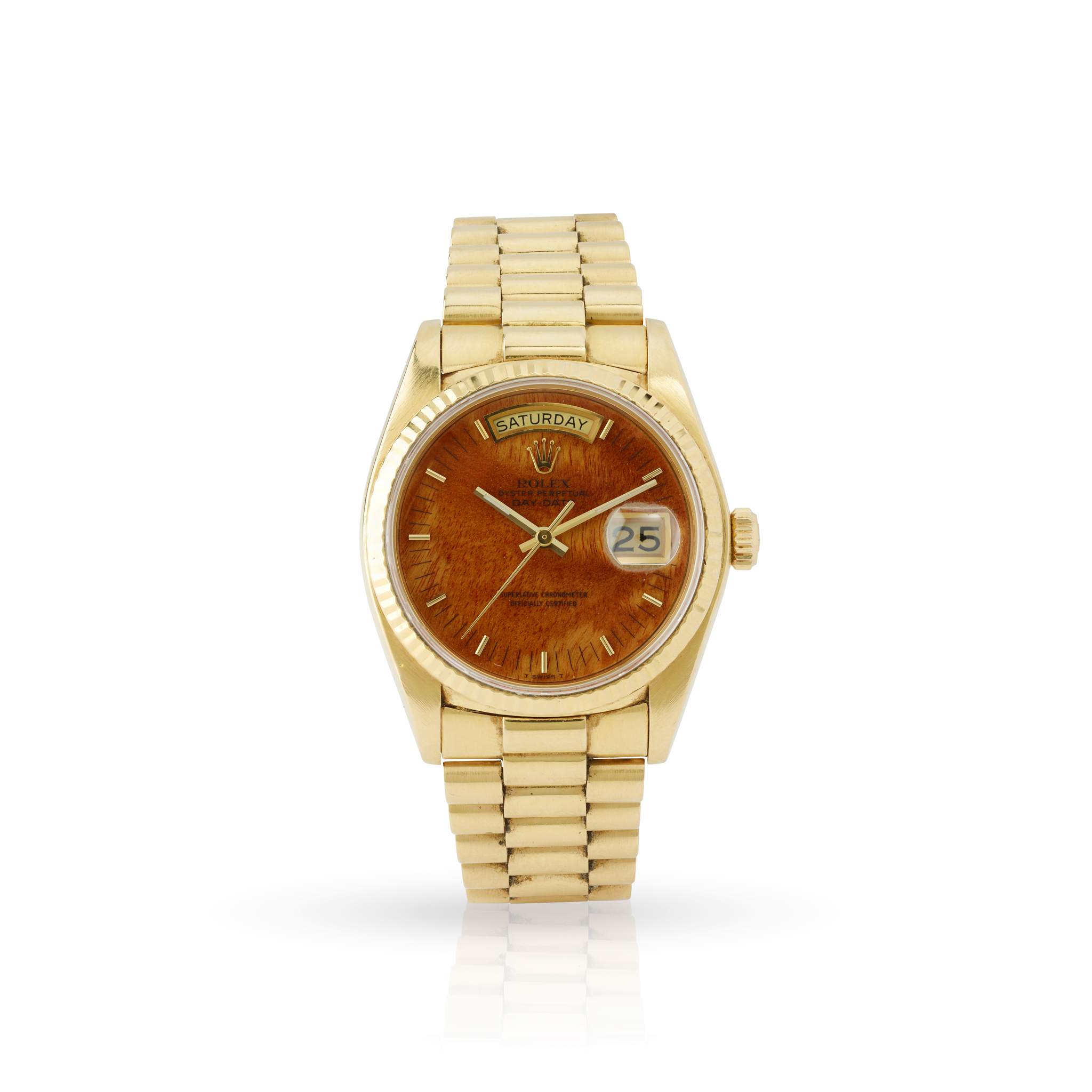Rolex. A fine and unusual 18k yellow gold self-winding day-date wristwatch with burlwood dial