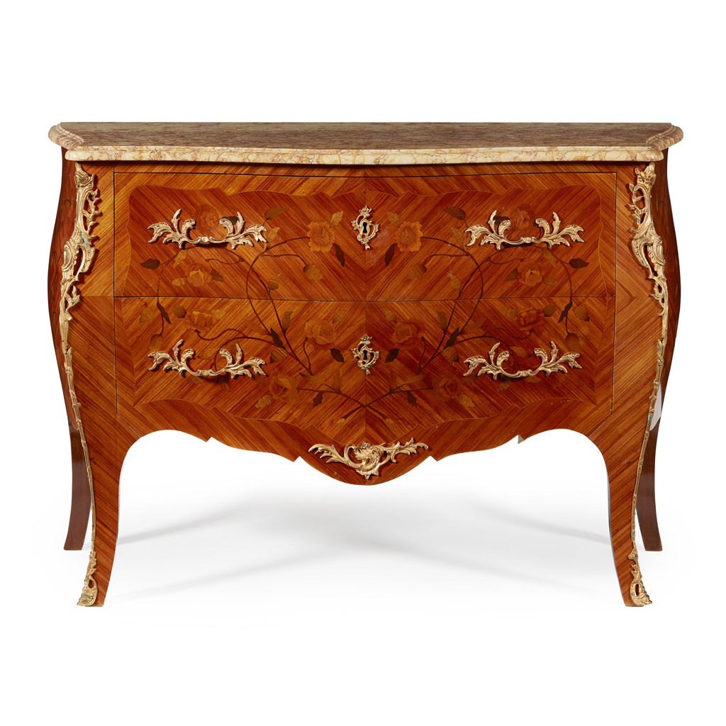LOUIS XV STYLE KINGWOOD AND MARQUETRY MARBLE TOP COMMODE