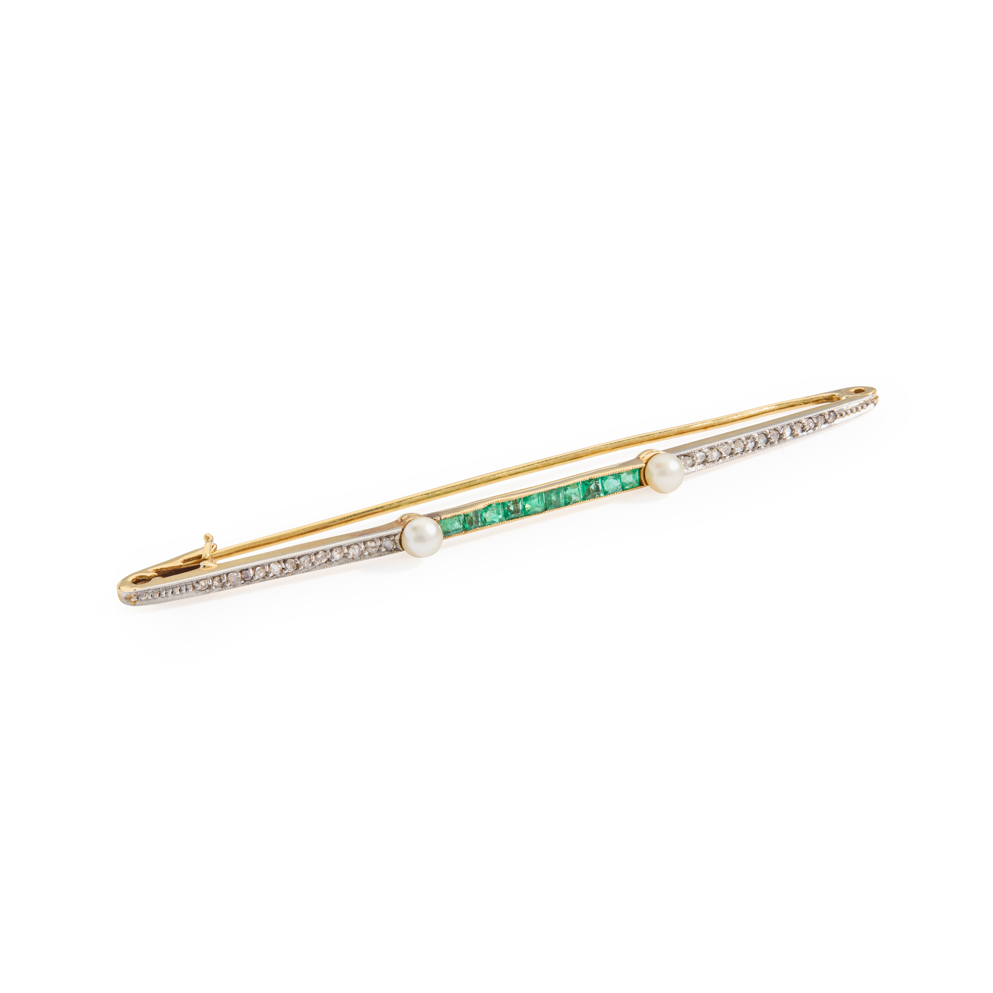 An early 20th century emerald, diamond and pearl bar brooch