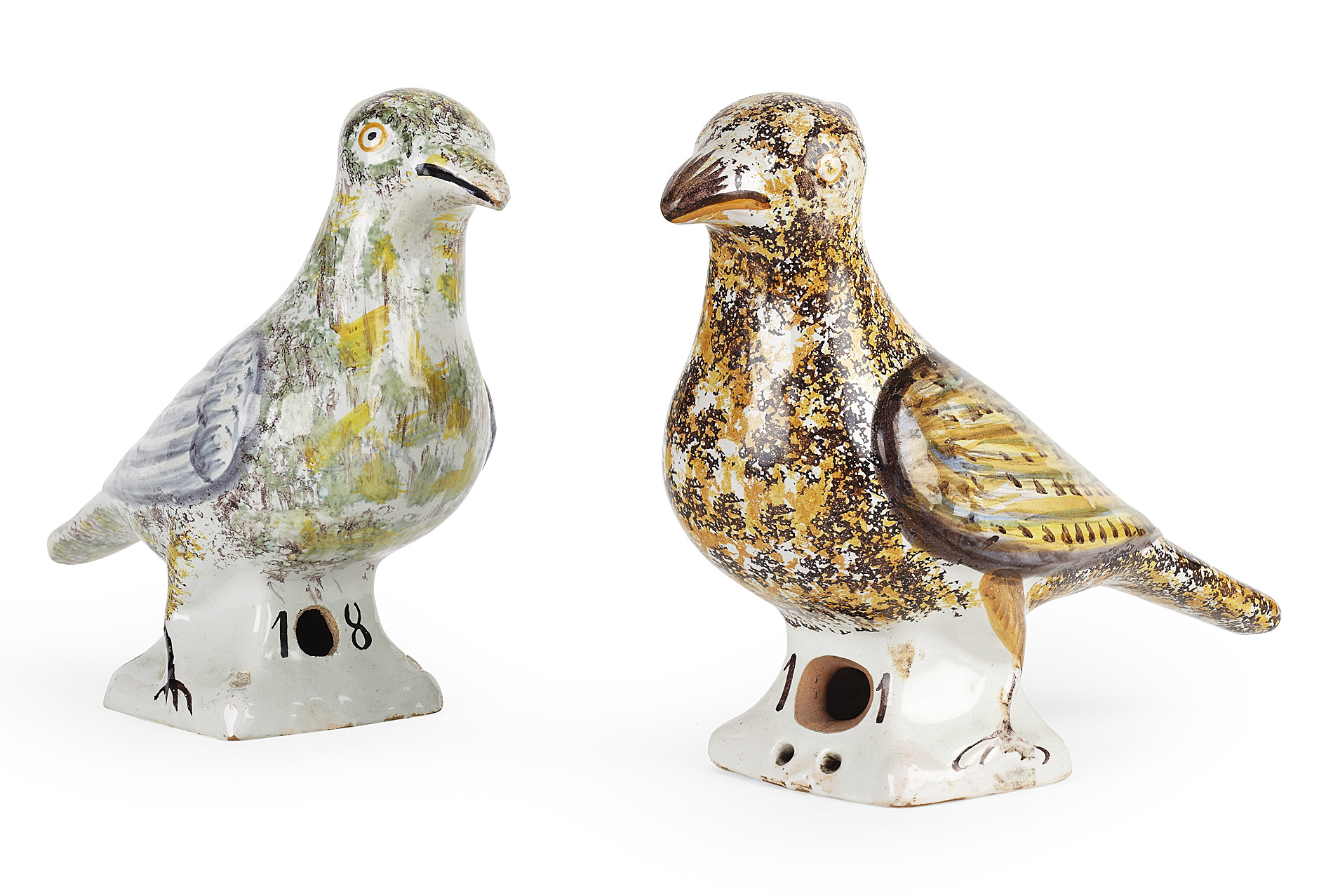 PAIR OF FRENCH FAIENCE BIRD FIGURES