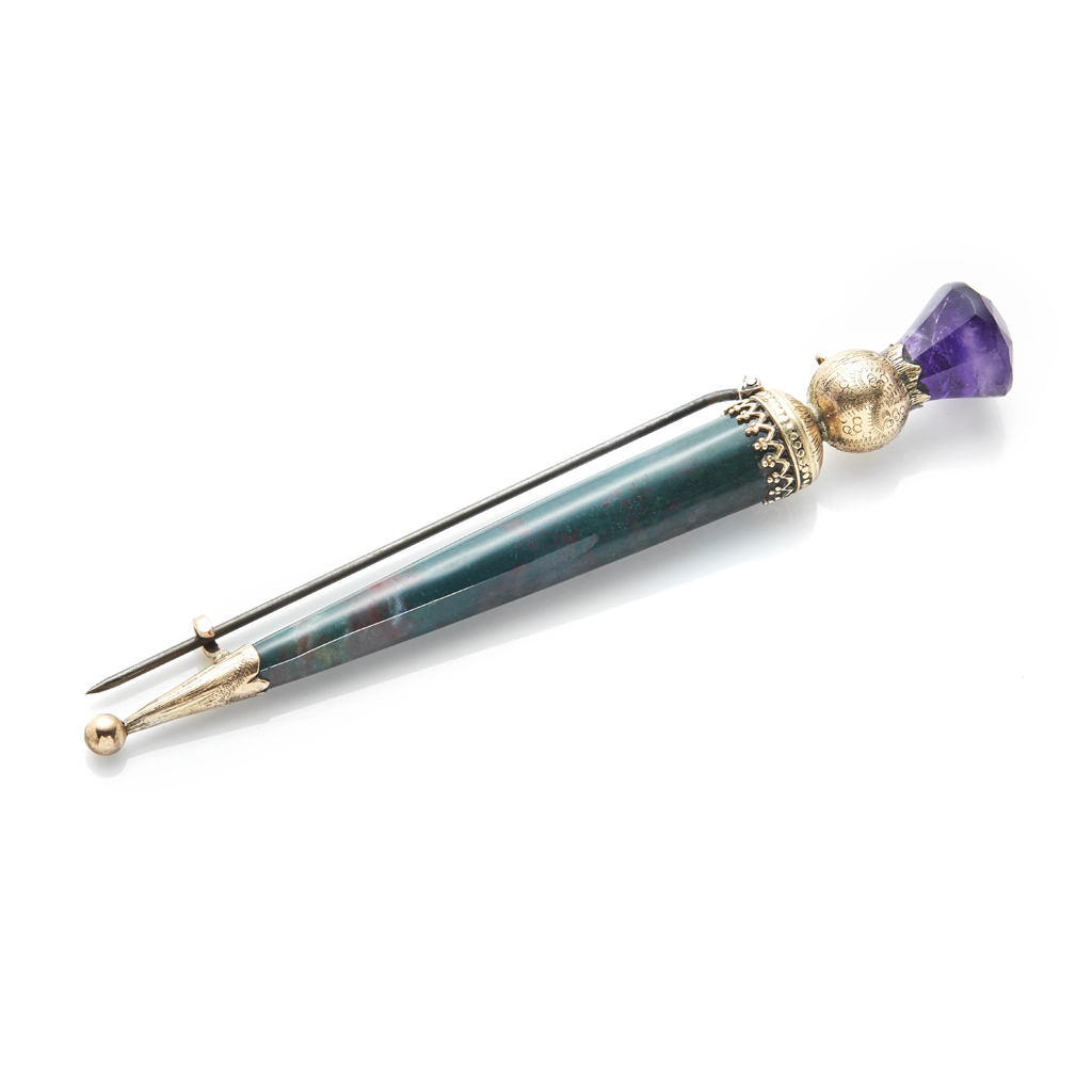 An amethyst and hardstone set kilt pin