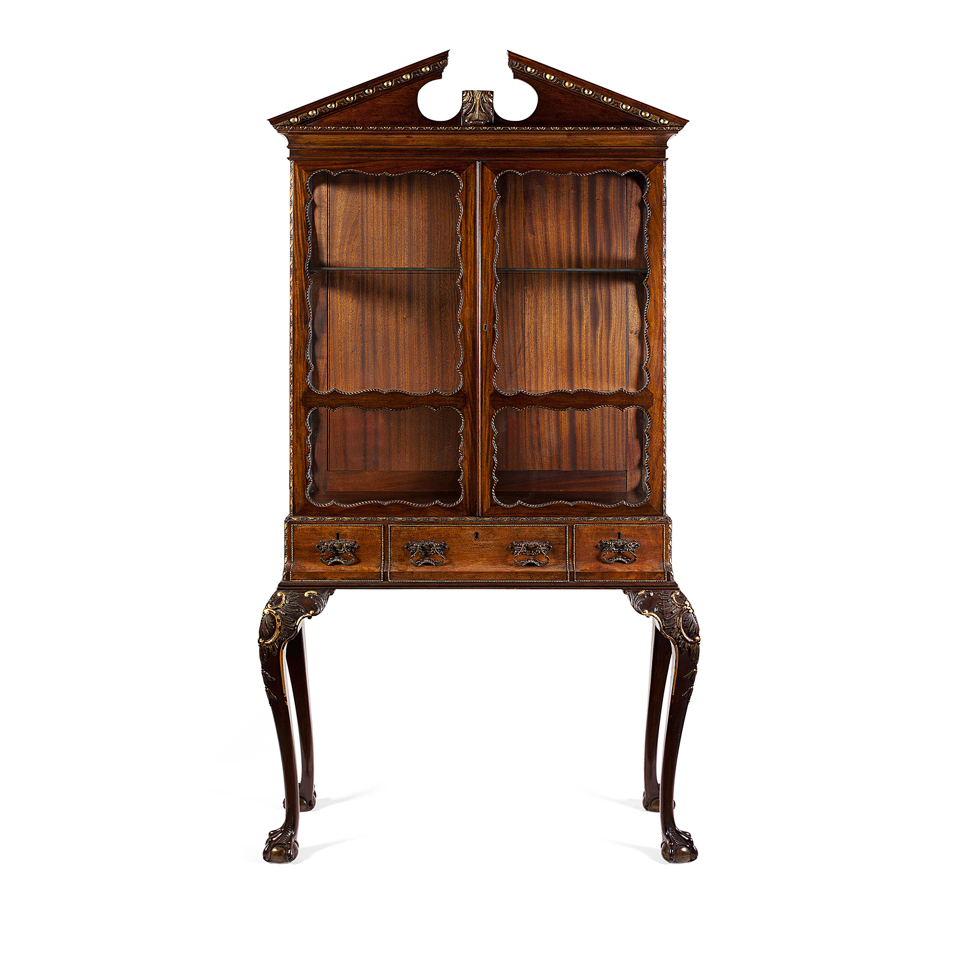 GEORGE II STYLE MAHOGANY AND PARCEL GILT CABINET ON STAND