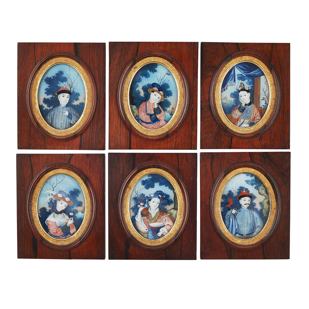 SET OF SIX REVERSE PAINTED GLASS OVAL MINIATURES