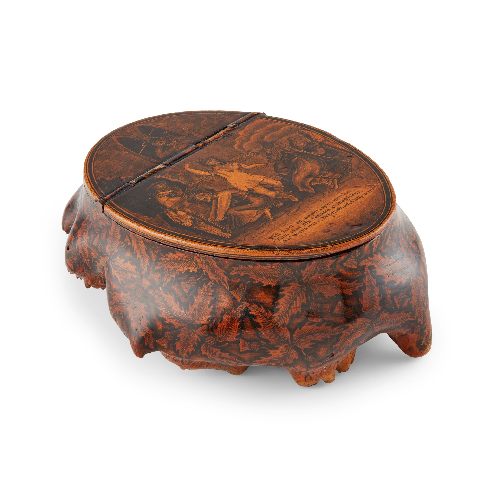 A VICTORIAN ROOTWOOD AND PENWORK SNUFF BOX