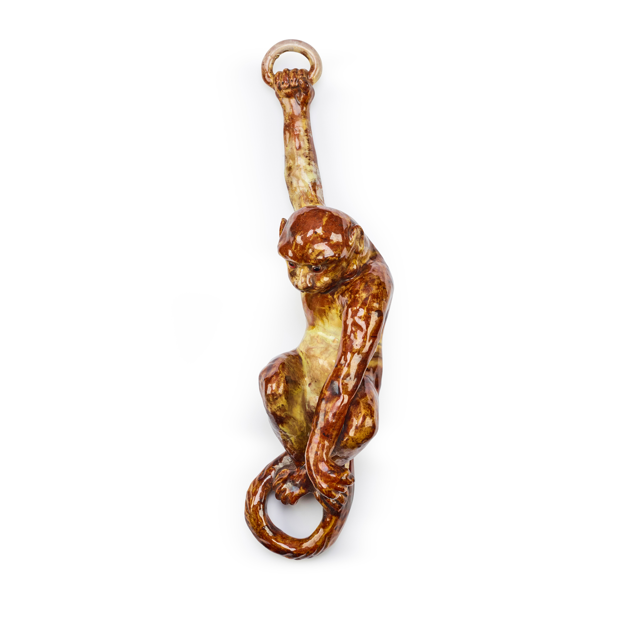 POLYCHROME GLAZED EARTHENWARE HANGING MONKEY FIGURE ATTRIBUTED TO EMILE GALLE (1846-1904)