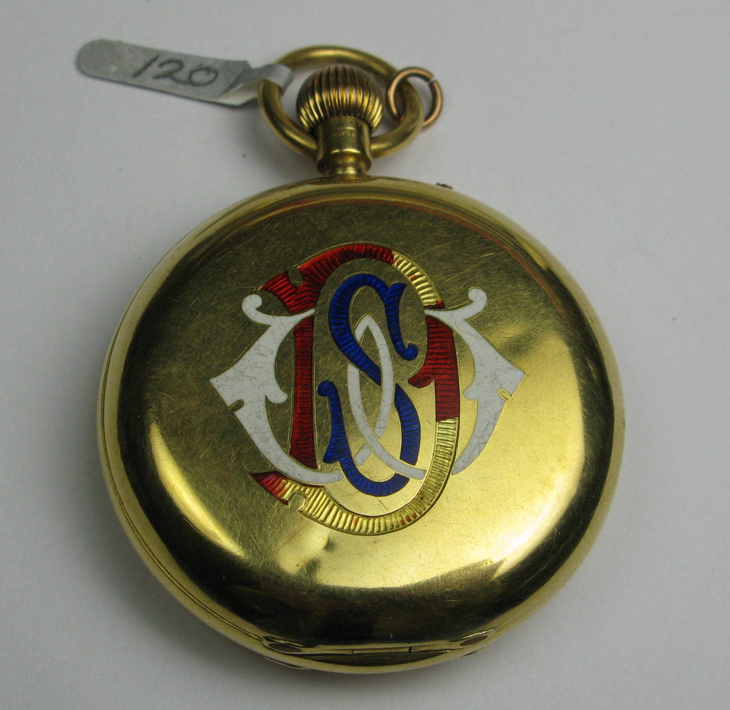 An 18ct gold and enamelled keyless wind pocket watch