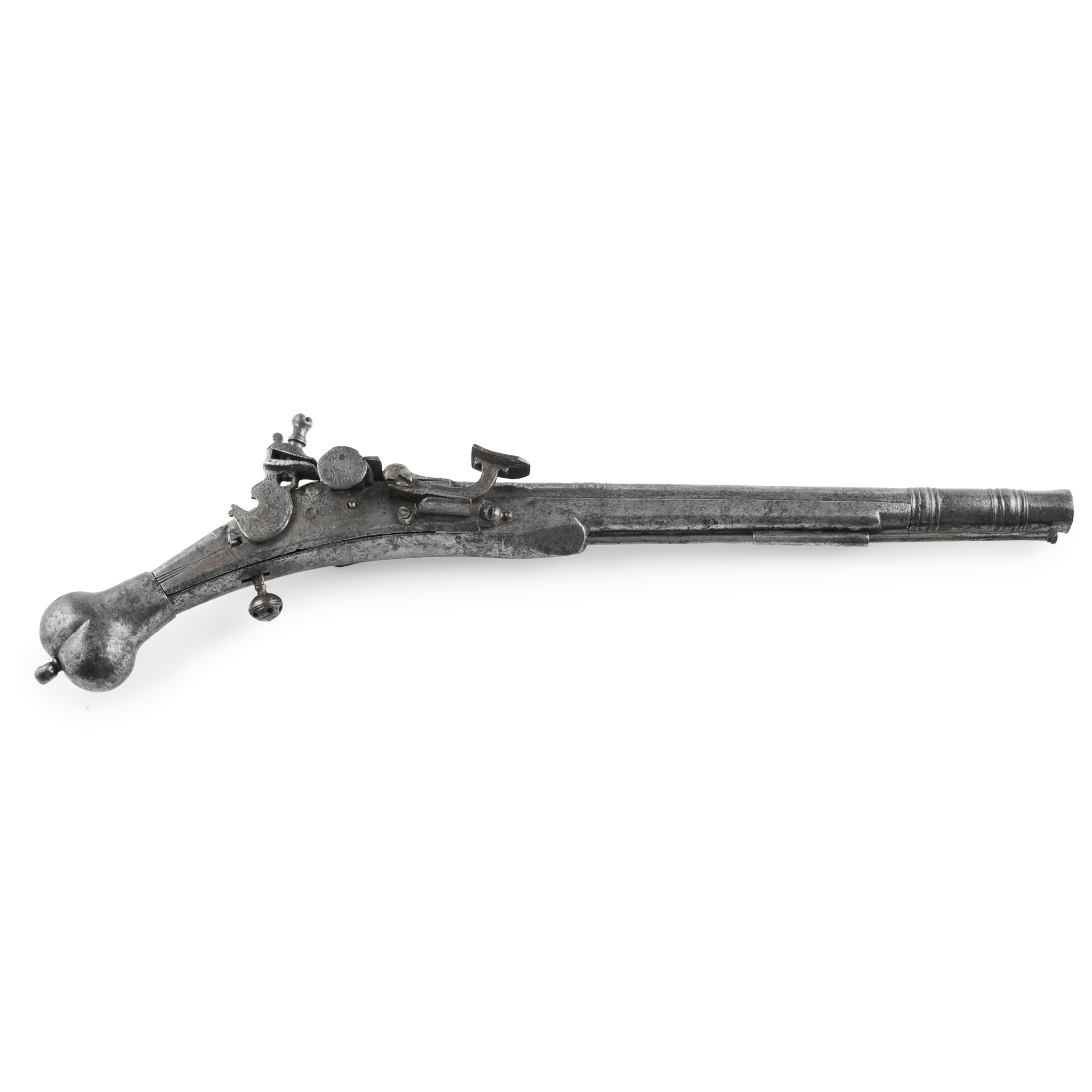 A FINE LATE 17TH CENTURY SCOTTISH ALL METAL SNAPHAUNCE LOCK HEART BUTT BELT PISTOL