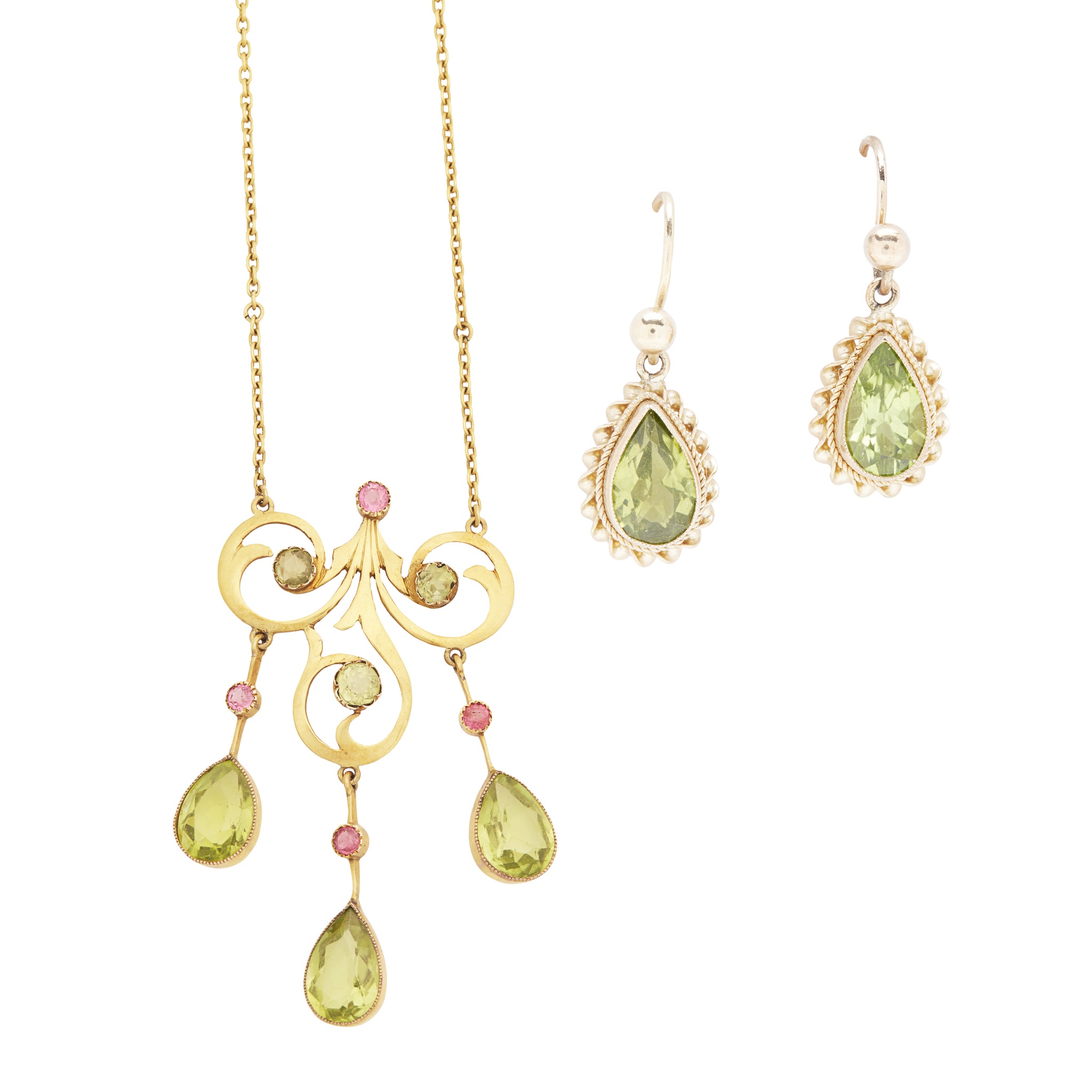 A peridot and pink tourmaline set pendant