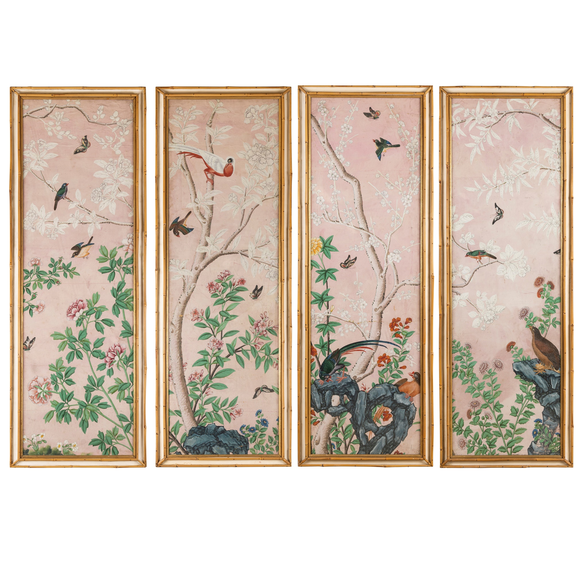 SET OF FOUR CHINESE EXPORT 'EXOTIC BIRDS' WALLPAPER PANELS