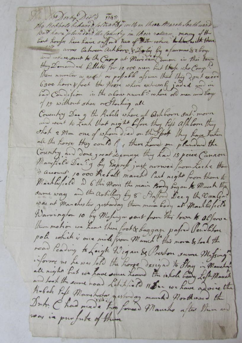 Jacobite advance on Derby, Coventry, Mansfield, Warrington, 1745