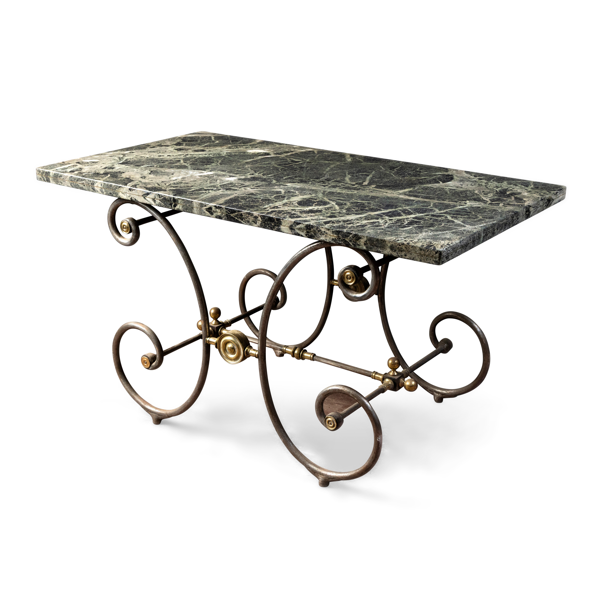 A CONTINENTAL MARBLE, IRON AND BRASS MOUNTED CENTRE TABLE