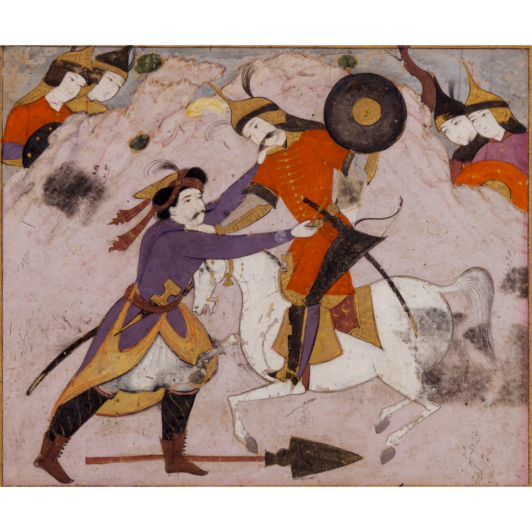 AN ILLUSTRATION FROM A PERSIAN EPIC ATTRIBUTED TO MU'IN MUSAVVIR: TWO WARRIORS IN COMBAT