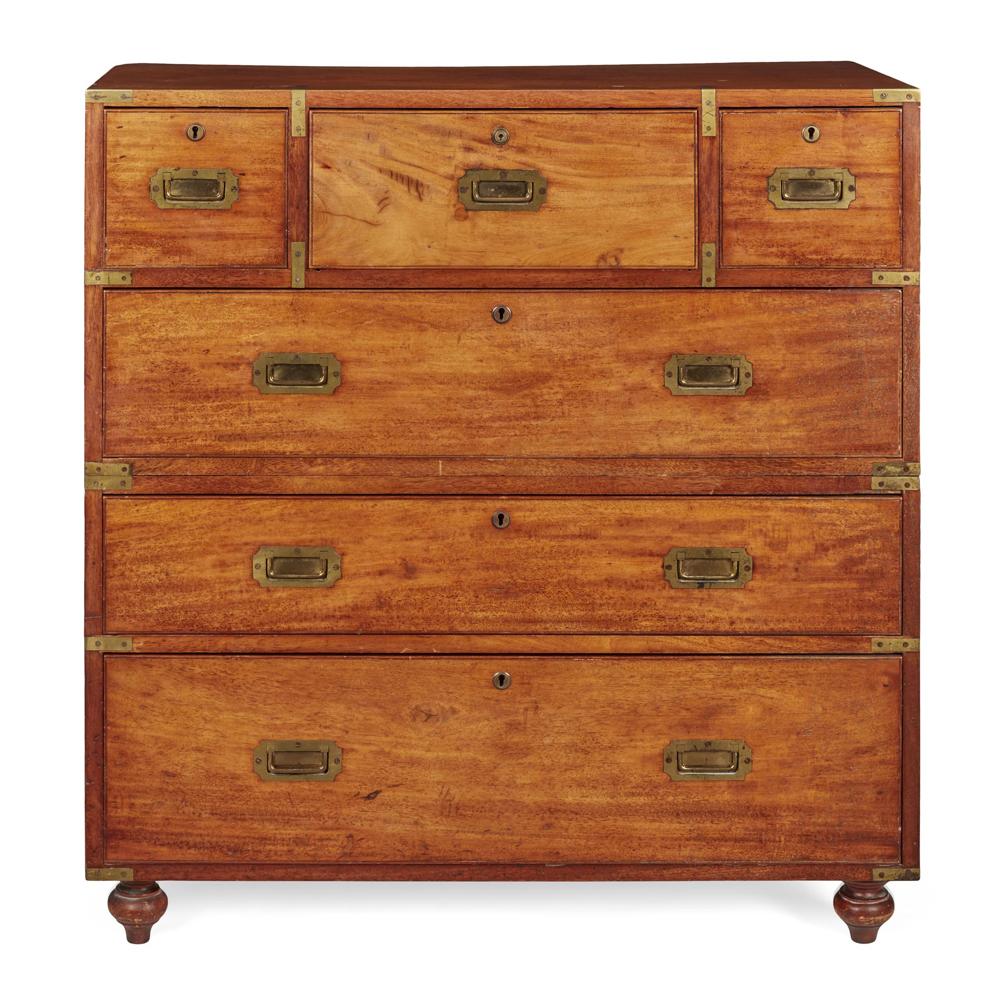MAHOGANY AND ROSEWOOD BRASS BANDED SECRETAIRE CAMPAIGN CHEST
