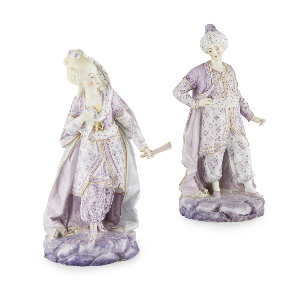 PAIR OF FRENCH PORCELAIN FIGURES OF EUROPEANS AS OTTOMANS, BY HENRI ARDANT & CO.
