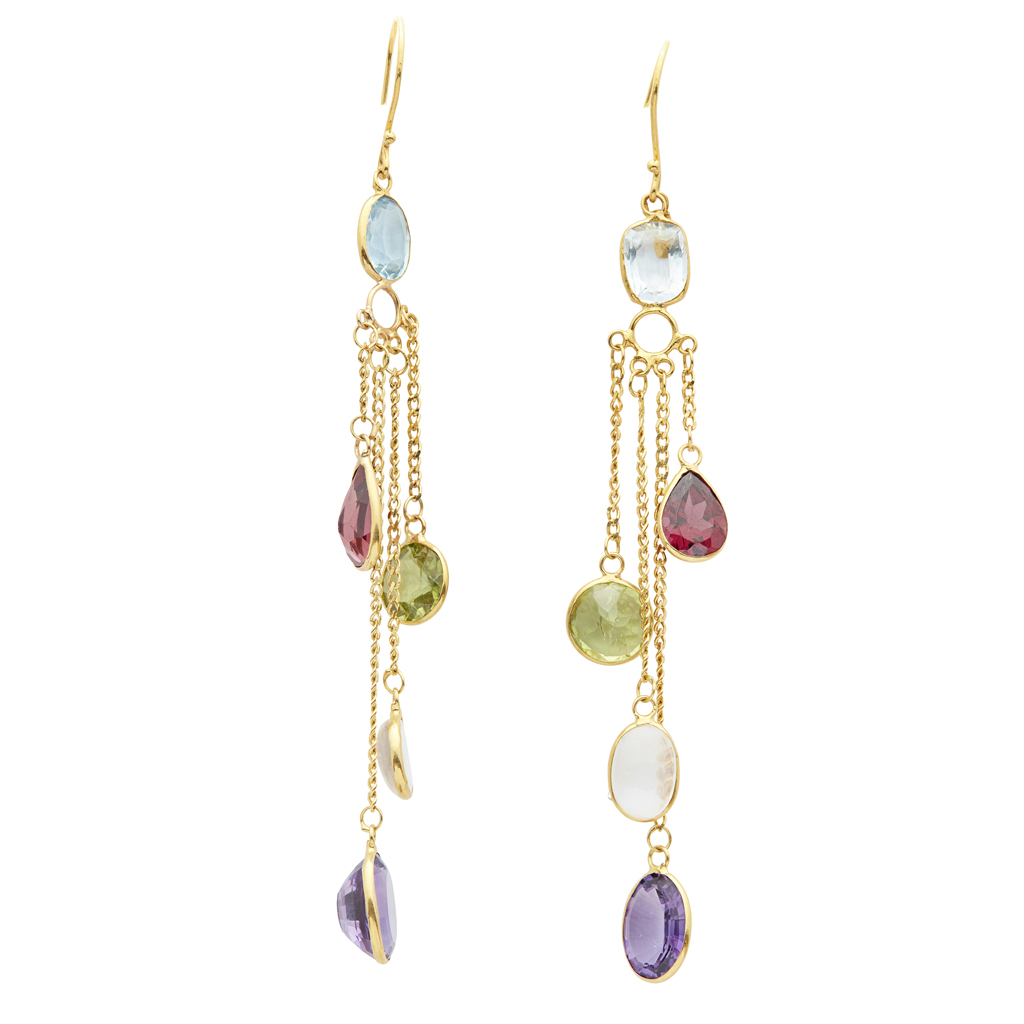A pair of multi-gem set pendant earrings