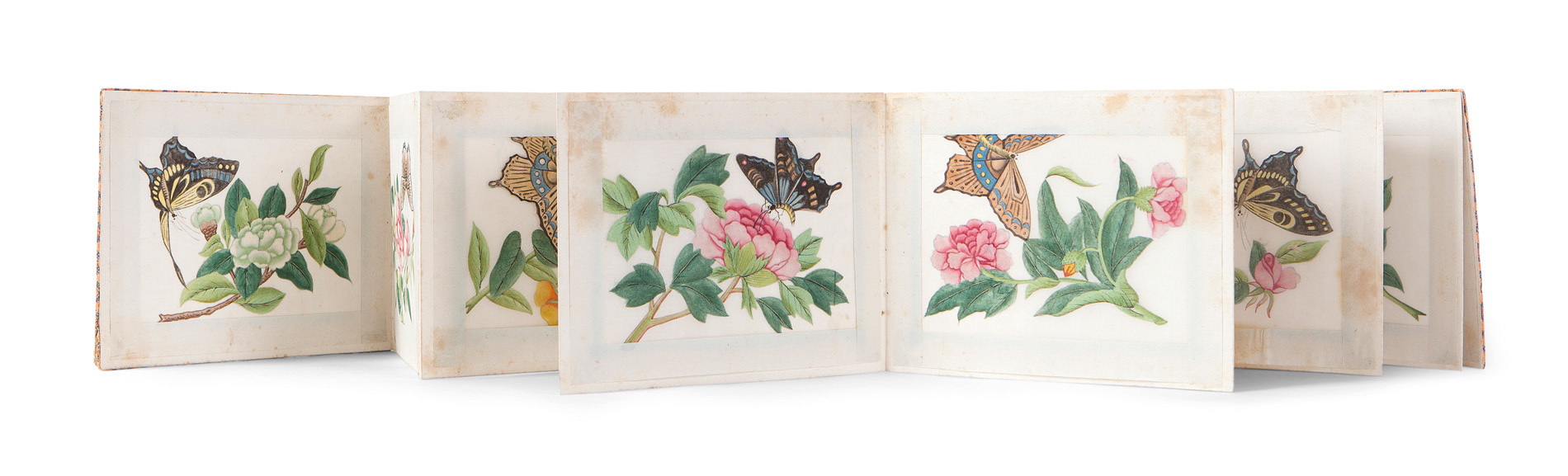 AN ALBUM OF CHINESE EXPORT PITH PAPER PAINTINGS OF FLOWERS AND BUTTERFLIES