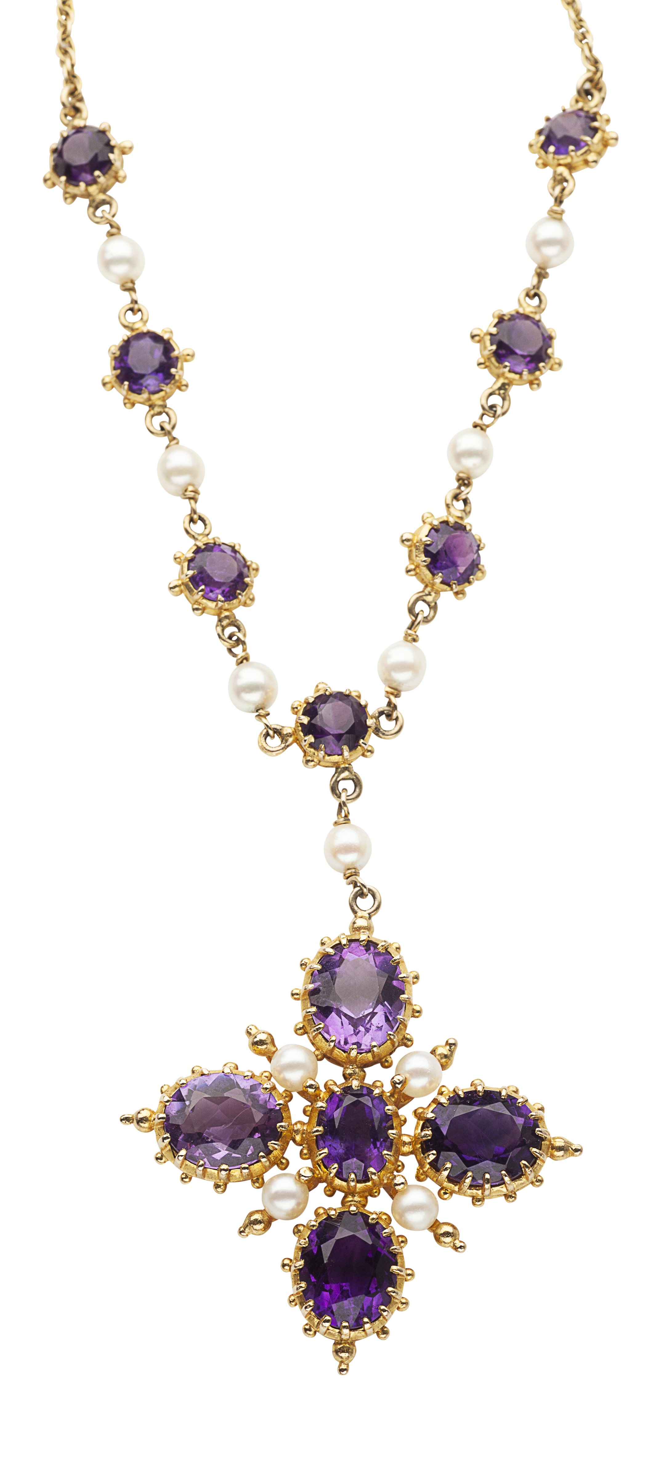 A 9ct gold amethyst and pearl pendant necklace