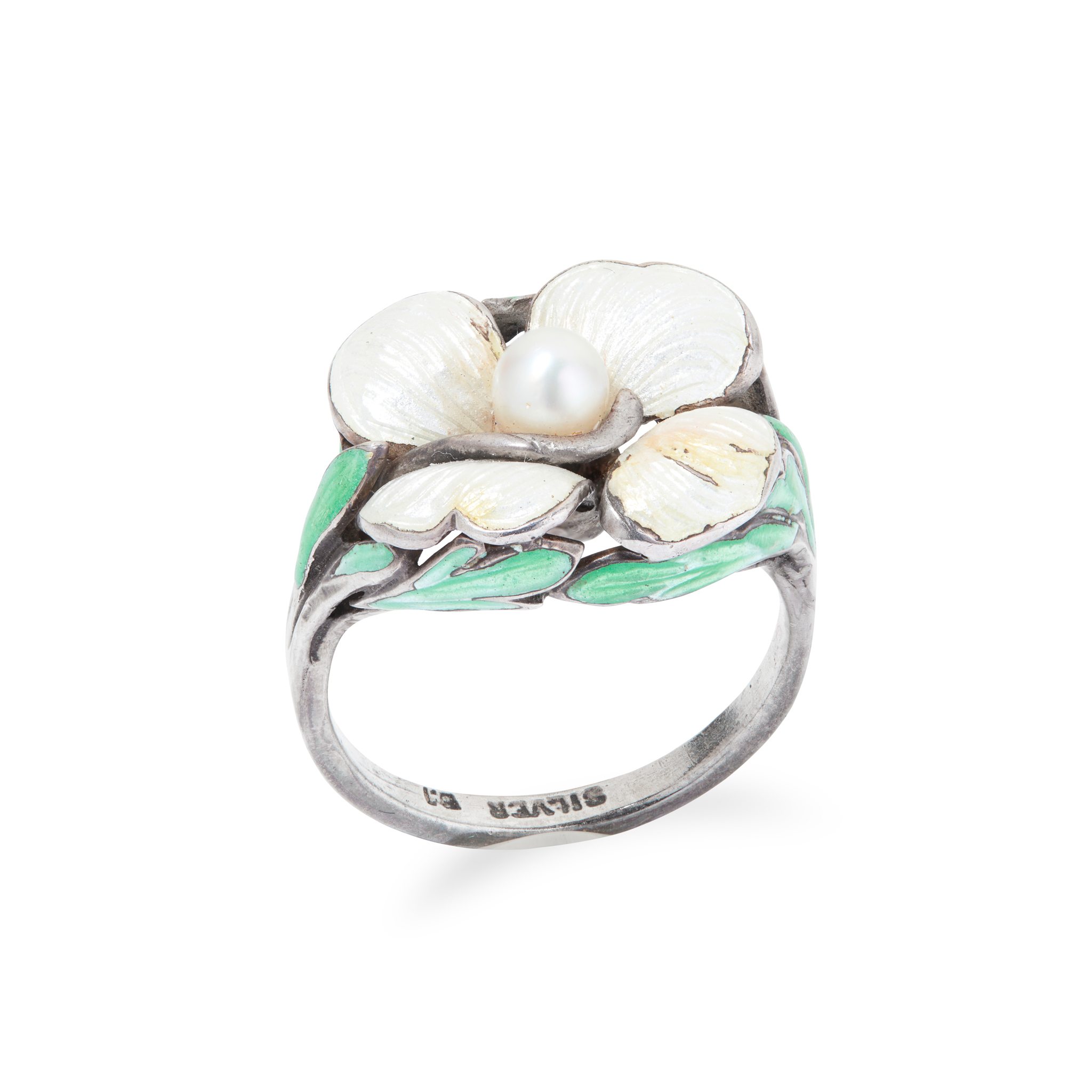 Bernard Instone: An enamel and cultured pearl 'Flower of the Month' ring