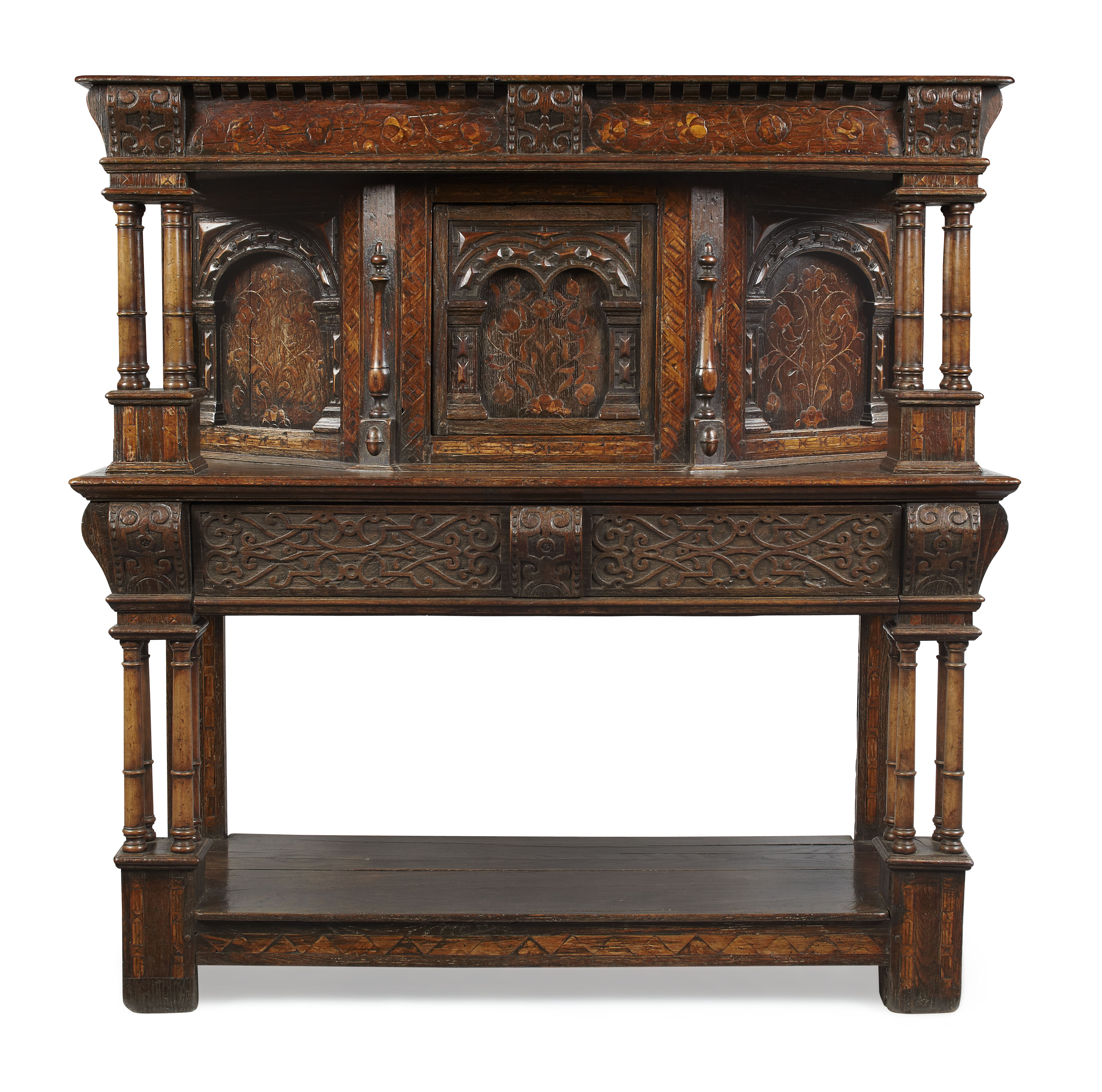 CHARLES II OAK PARQUETRY AND MARQUETRY PRESS CUPBOARD
