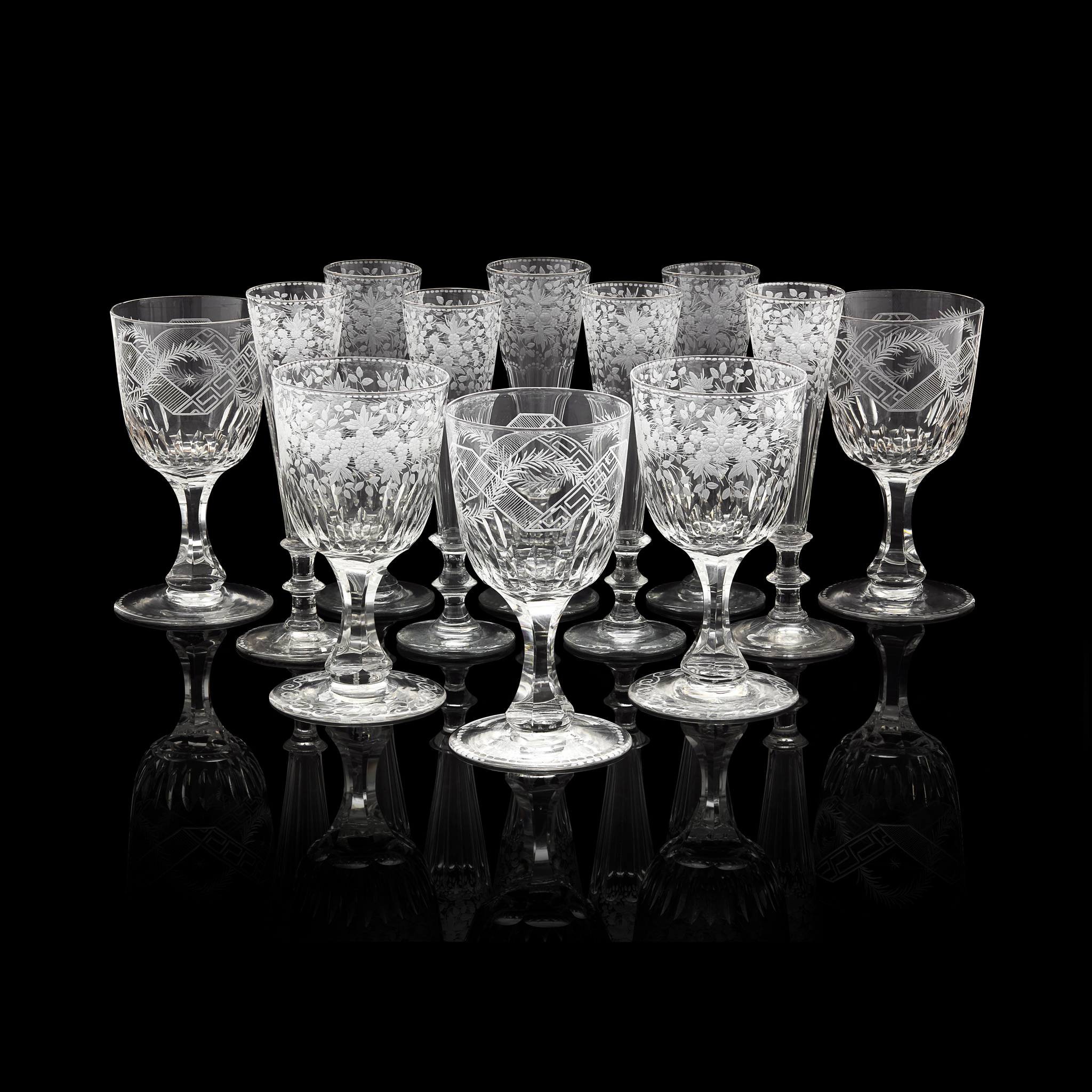 GROUP OF ENGRAVED AND CUT GLASS RUMMERS