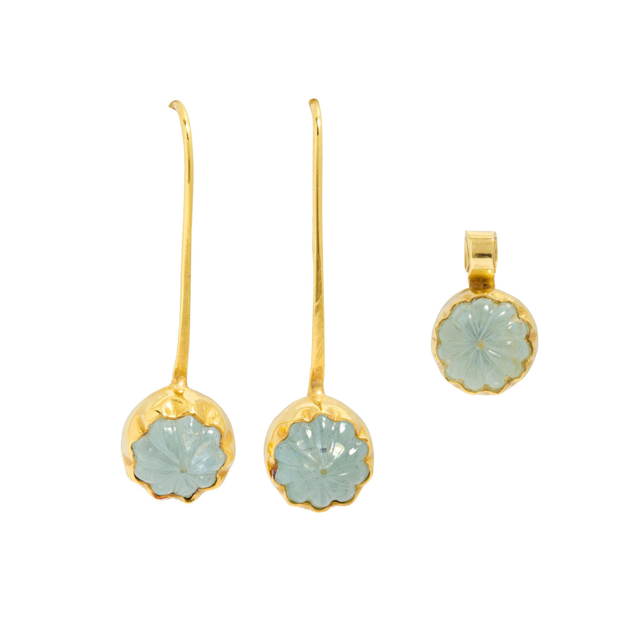 A pair of aquamarine earrings and matching pendant