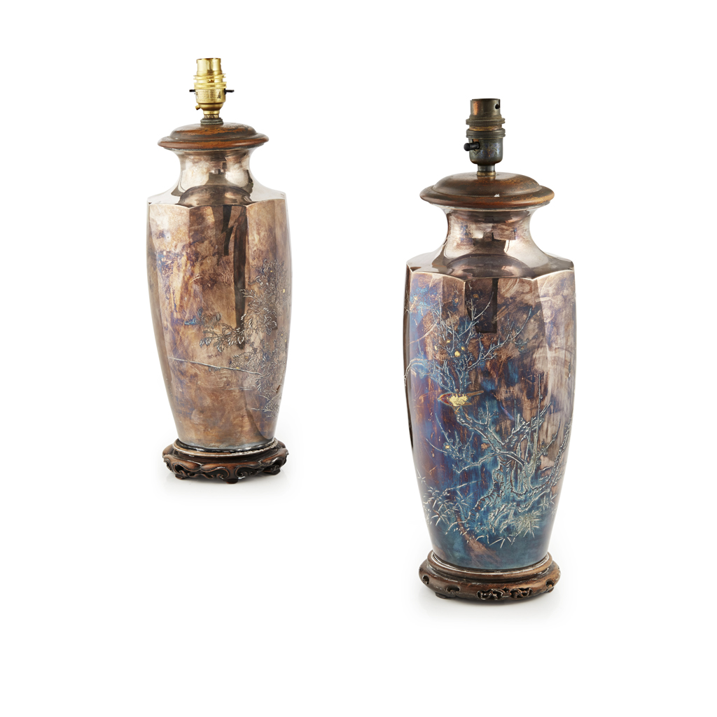 PAIR OF SILVERED BRONZE VASES CONVERTED TO LAMPS