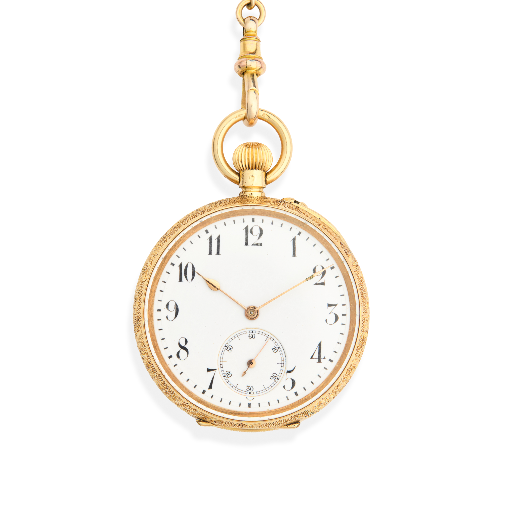Peerless. An 18k gold open face keyless decorative fob watch with 9k gold chain