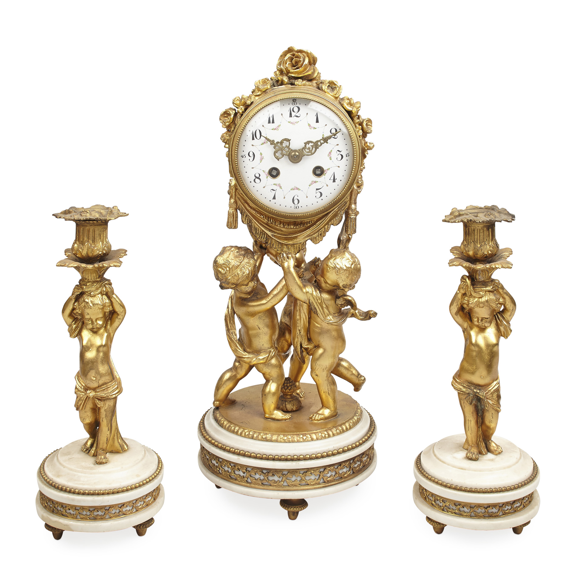 FRENCH GILT BRONZE THREE PIECE CLOCK GARNITURE