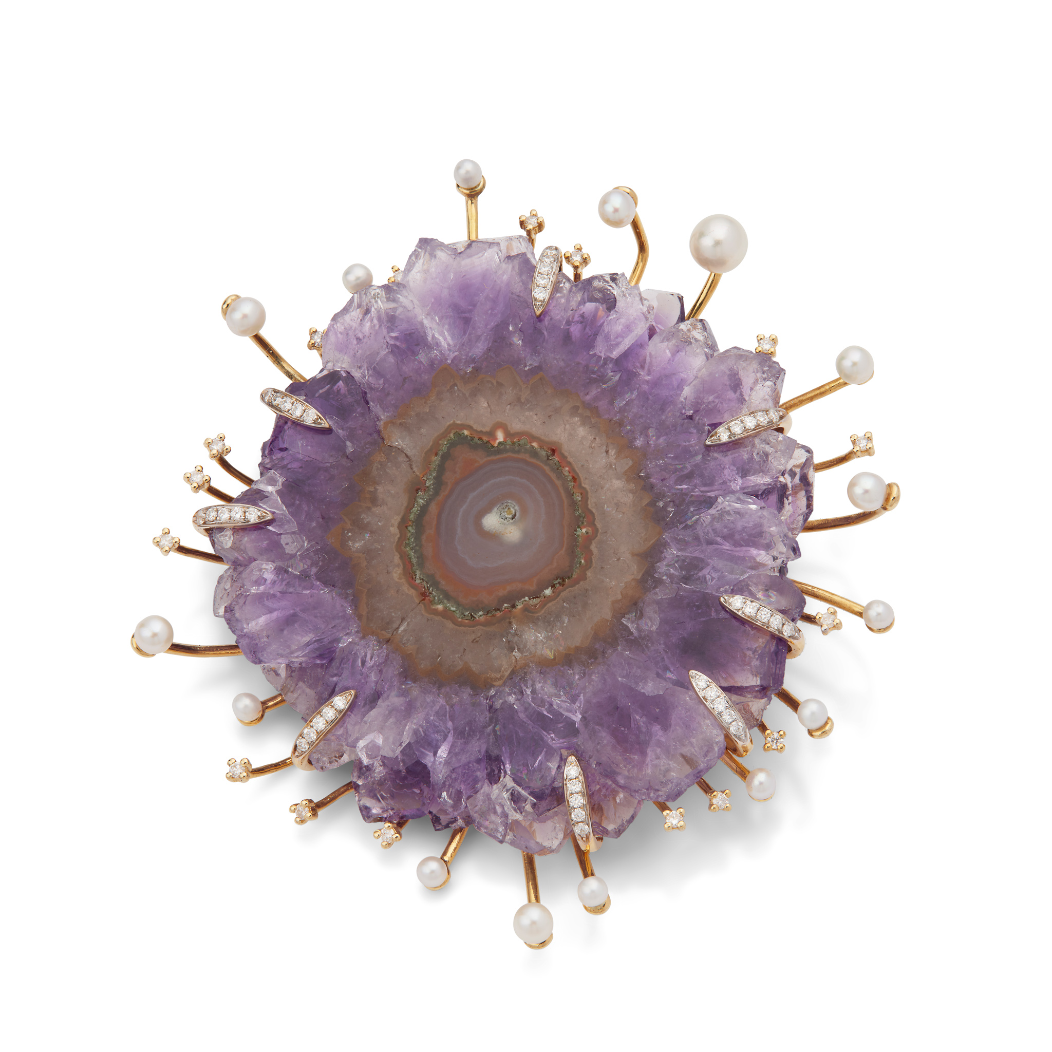 Fei Liu: An amethyst geode, seed pearl and diamond brooch / pendant