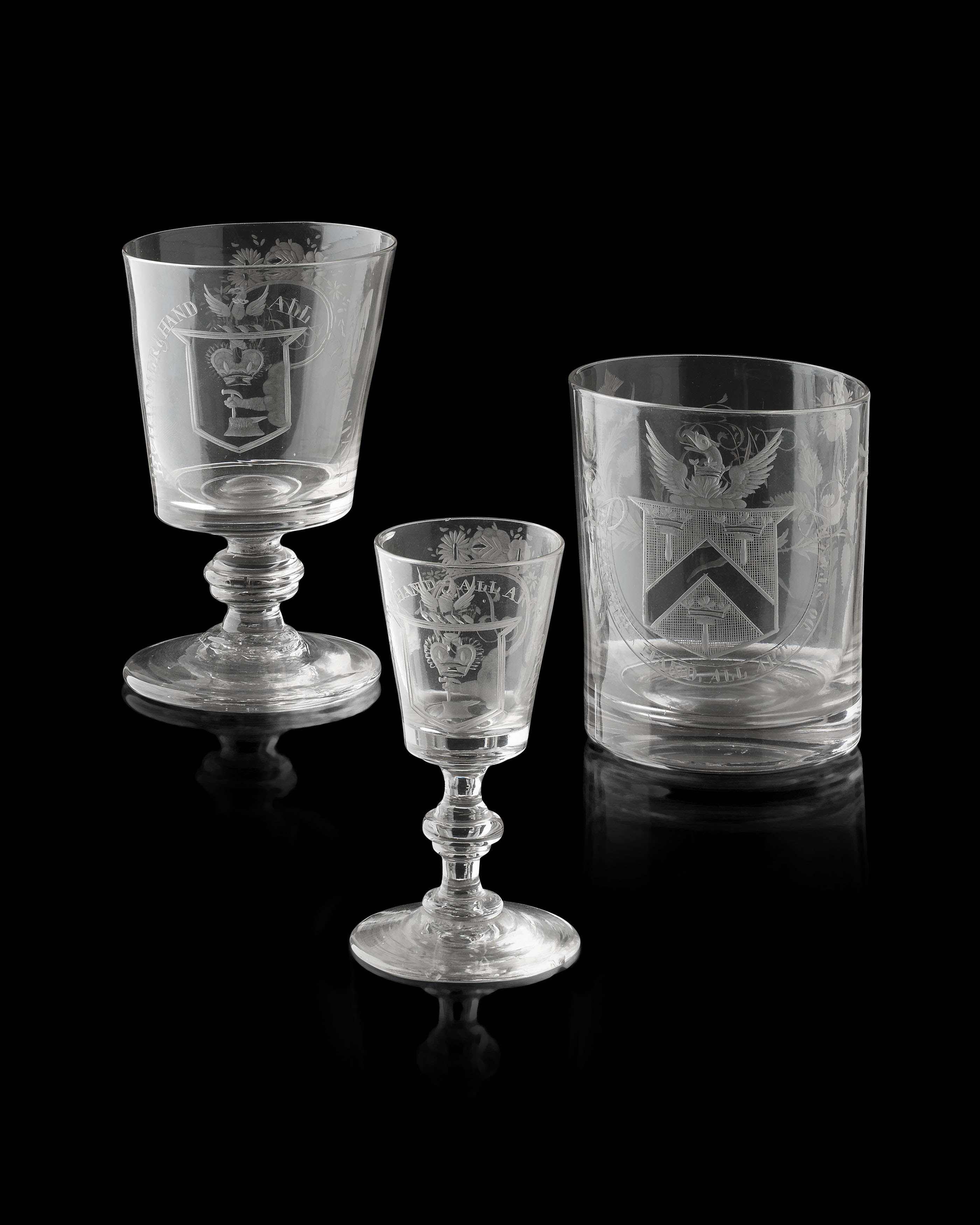 THREE COMMEMORATIVE ENGRAVED GLASSES FOR THE WORSHIPFUL COMPANY OF BLACKSMITHS
