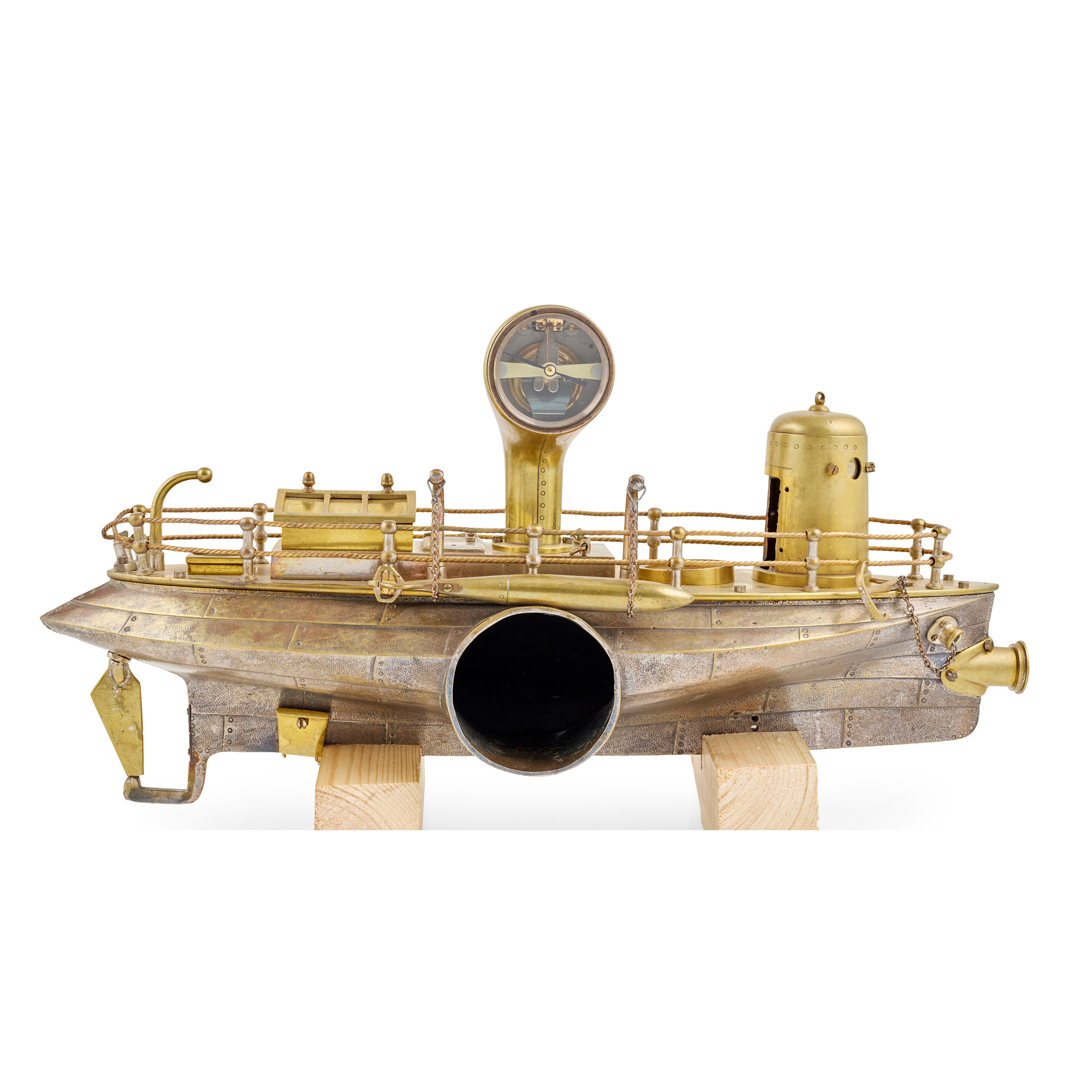 BRASS NOVELTY TORPEDO BOAT DESK COMPENDIUM CASE, ATTRIBUTED TO ANDRE GUILMET, PARIS