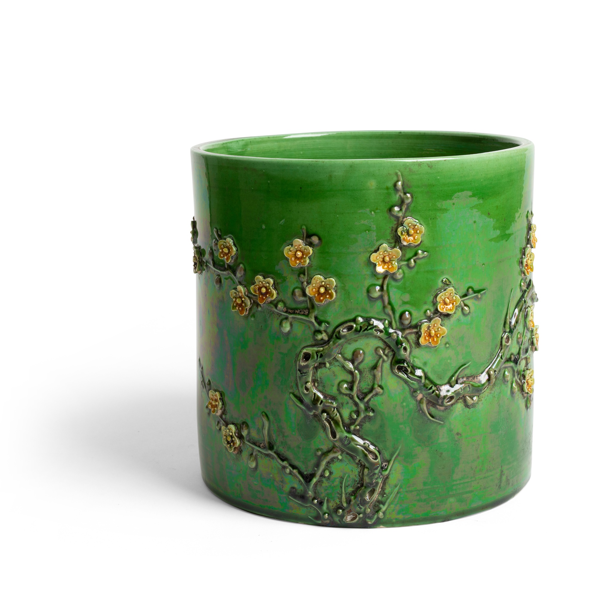 GREEN AND YELLOW-ENAMELLED BISCUIT BRUSH POT