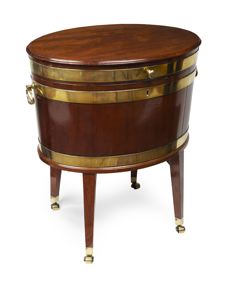 GEORGE III MAHOGANY AND BRASS BOUND OVAL WINE COOLER