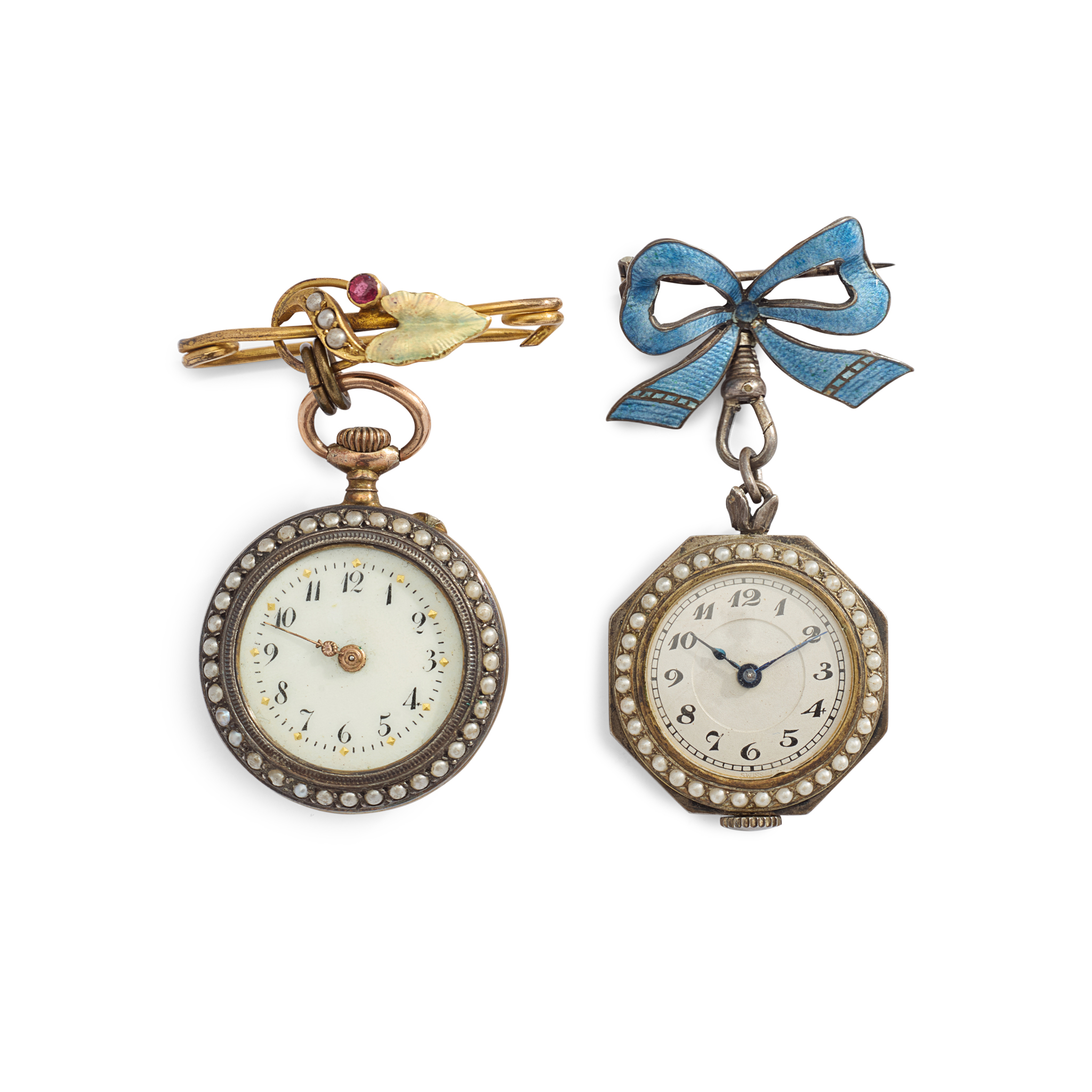 Two base metal and enamel mechanical fob watches with bow