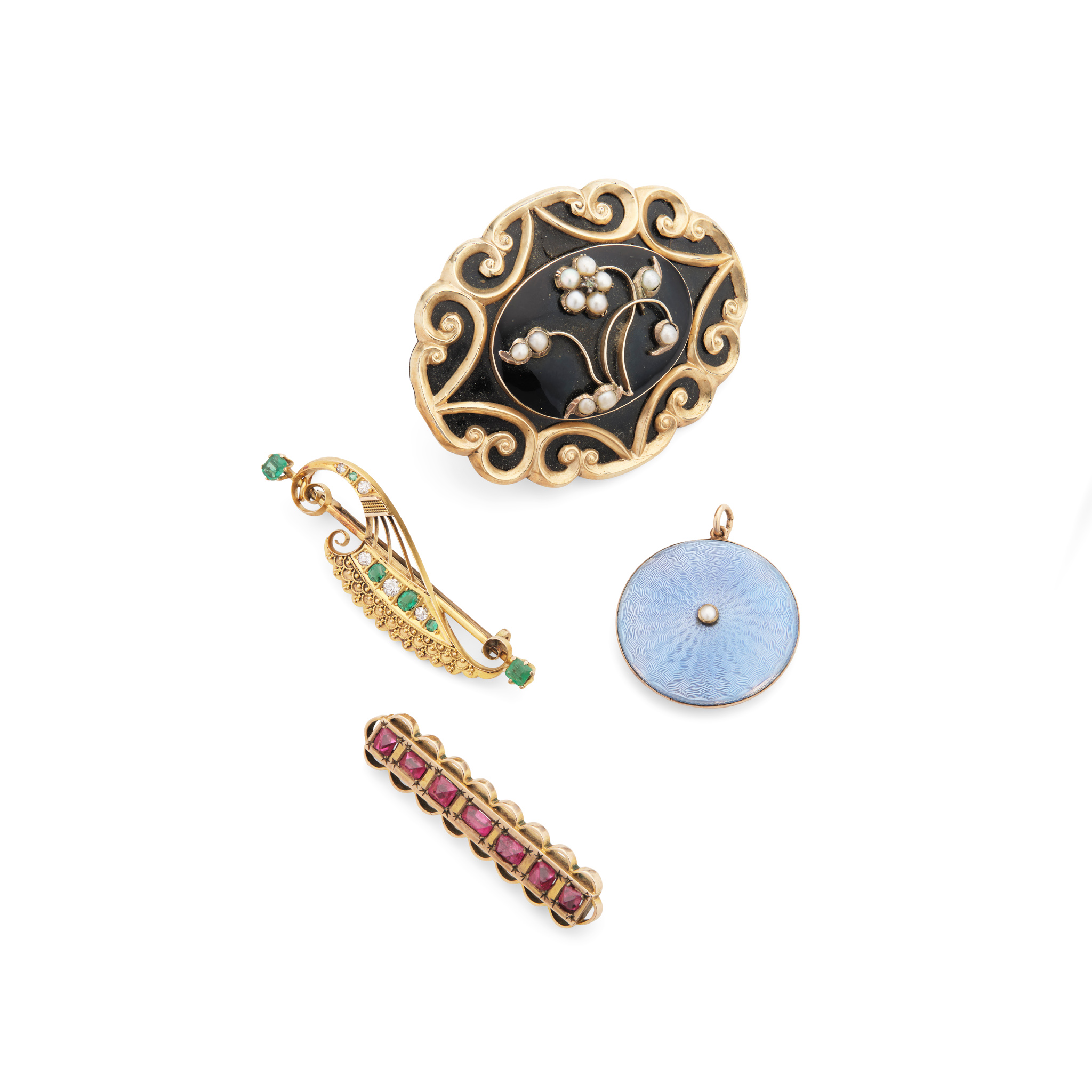 A collection of brooches