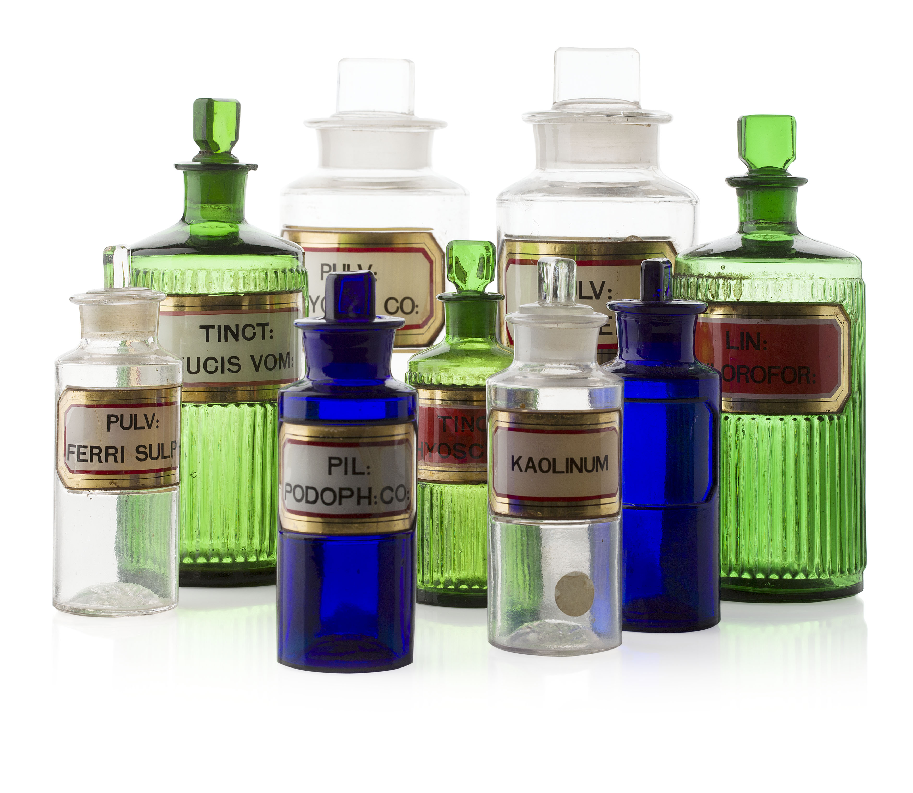 COLLECTION OF GLASS PHARMACY BOTTLES