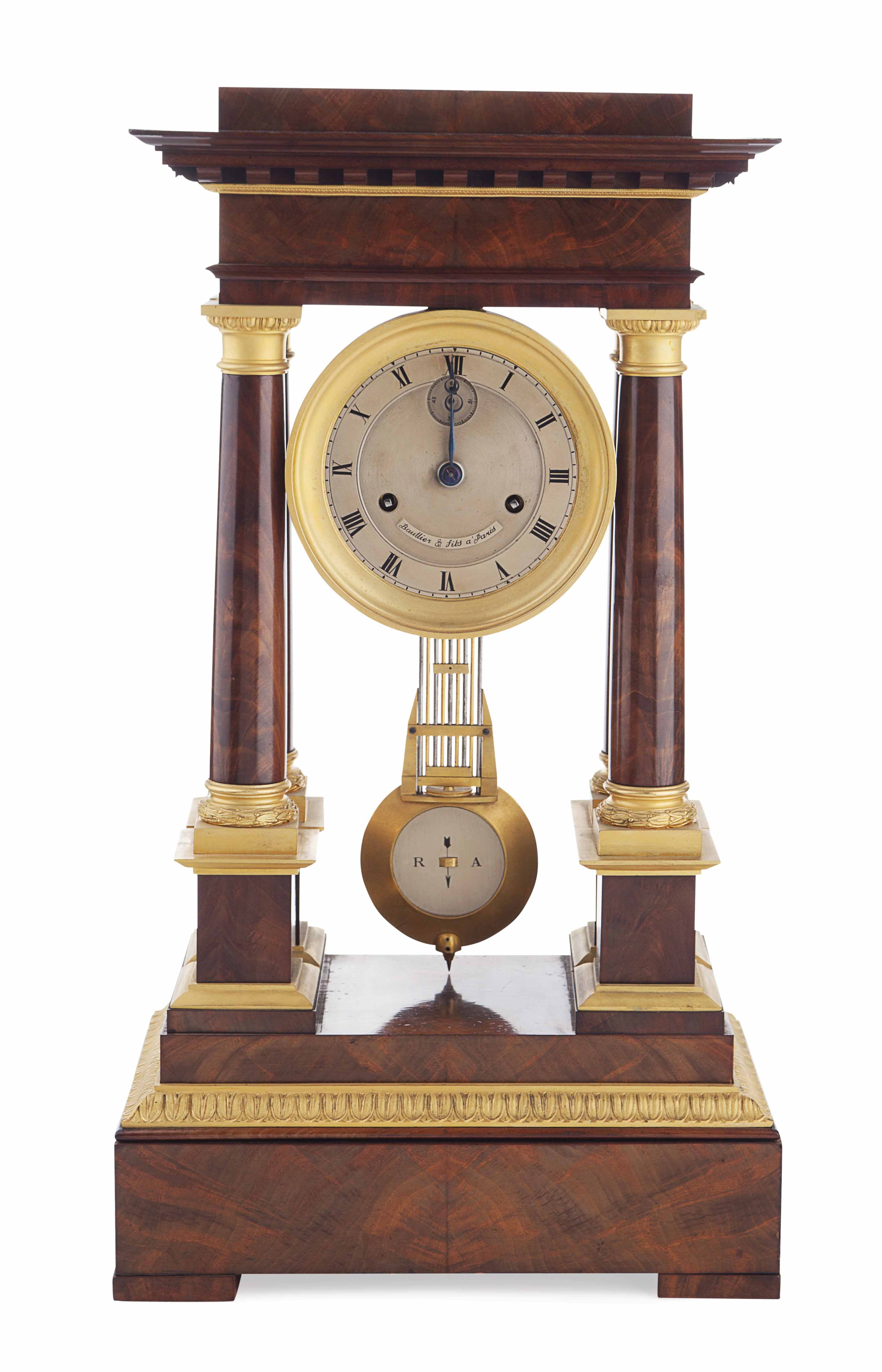 FRENCH EMPIRE MAHOGANY PORTICO CLOCK