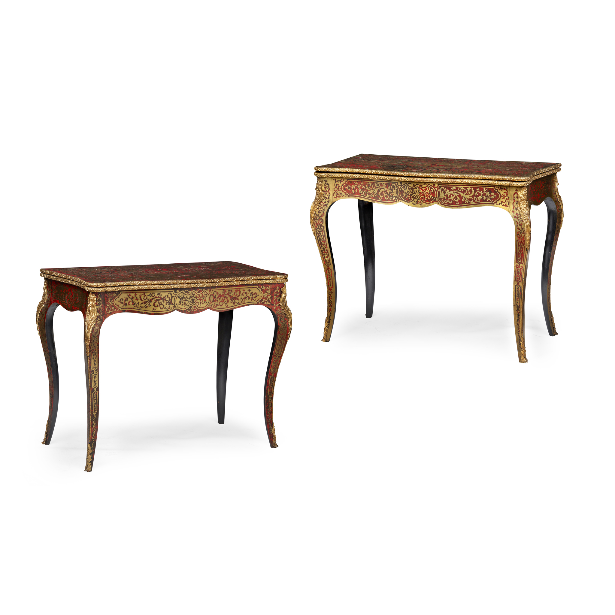 PAIR OF NAPOLEON III RED TORTOISESHELL AND BOULLE MARQUETRY CARD TABLES