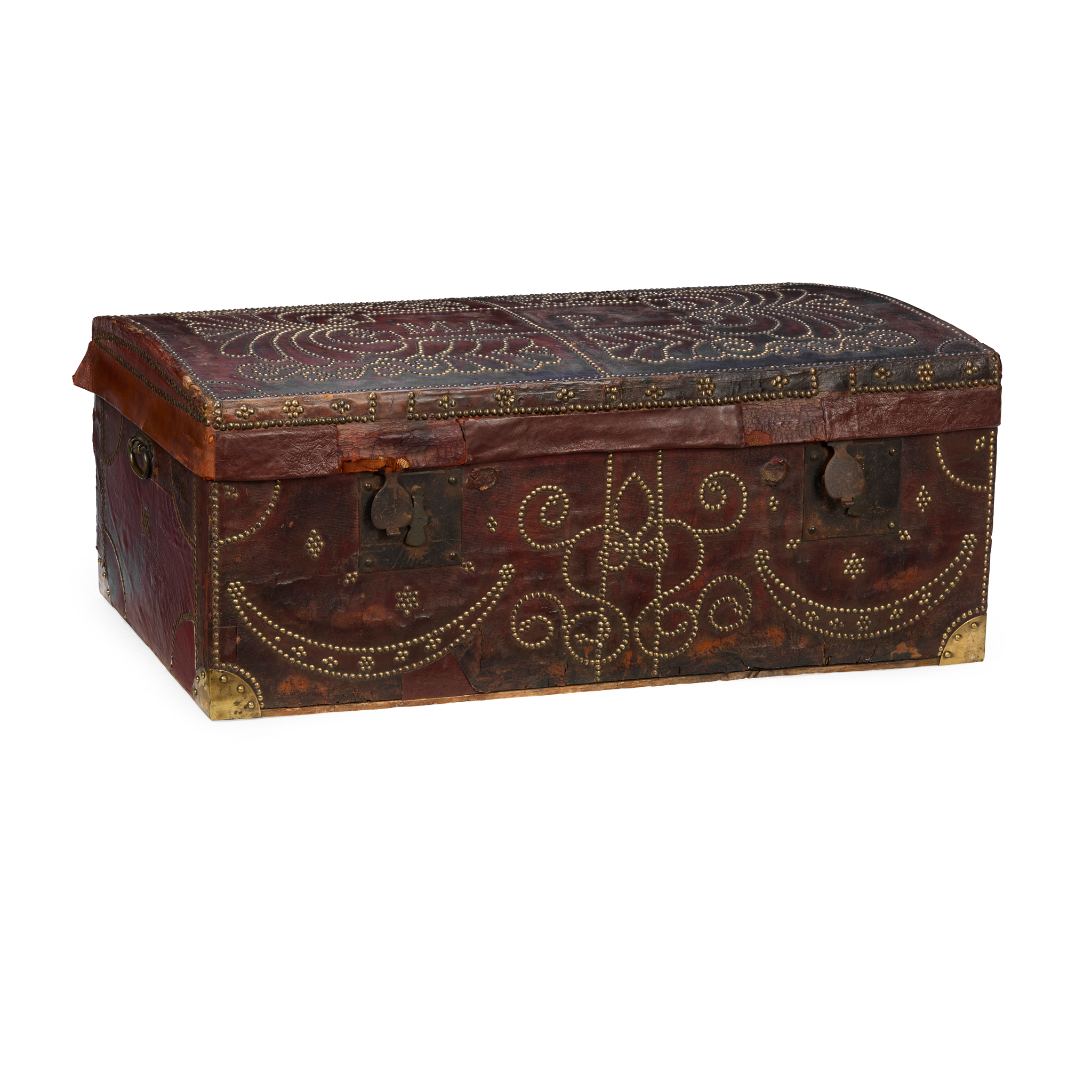 GEORGIAN LEATHER AND BRASS STUDDED TRUNK